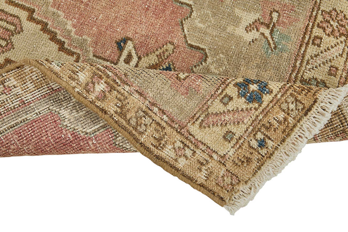 Vayla Pembe Bej Geometrik Desenli Etnik Yün Halı 49x103 cm – kenar detayı