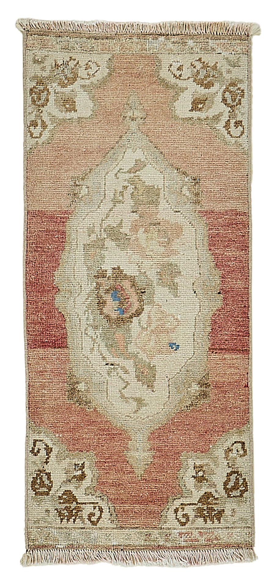 Vayla Gül Kurusu Pembe Madalyonlu Yün El Dokuma Halı 40x92 cm