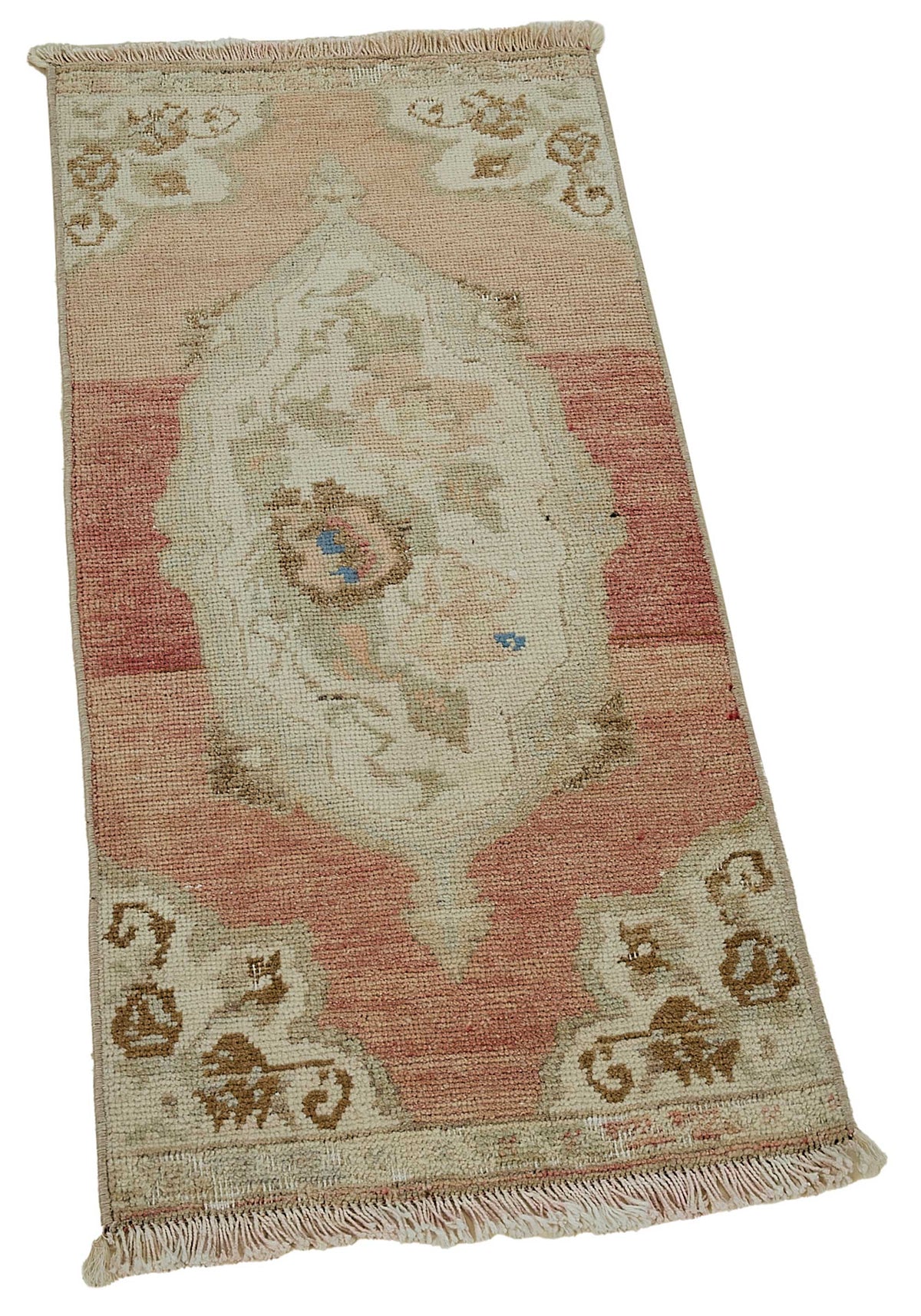Vayla Gül Kurusu Pembe Madalyonlu Yün El Dokuma Halı 40x92 cm – genel görünüm