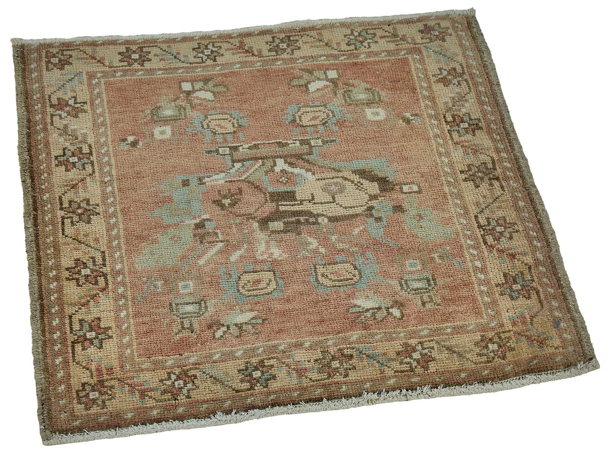 Vayla Kırmızı Bej Çiçek Floral Klasik El Dokuma Halı 59x65 cm – genel görünüm