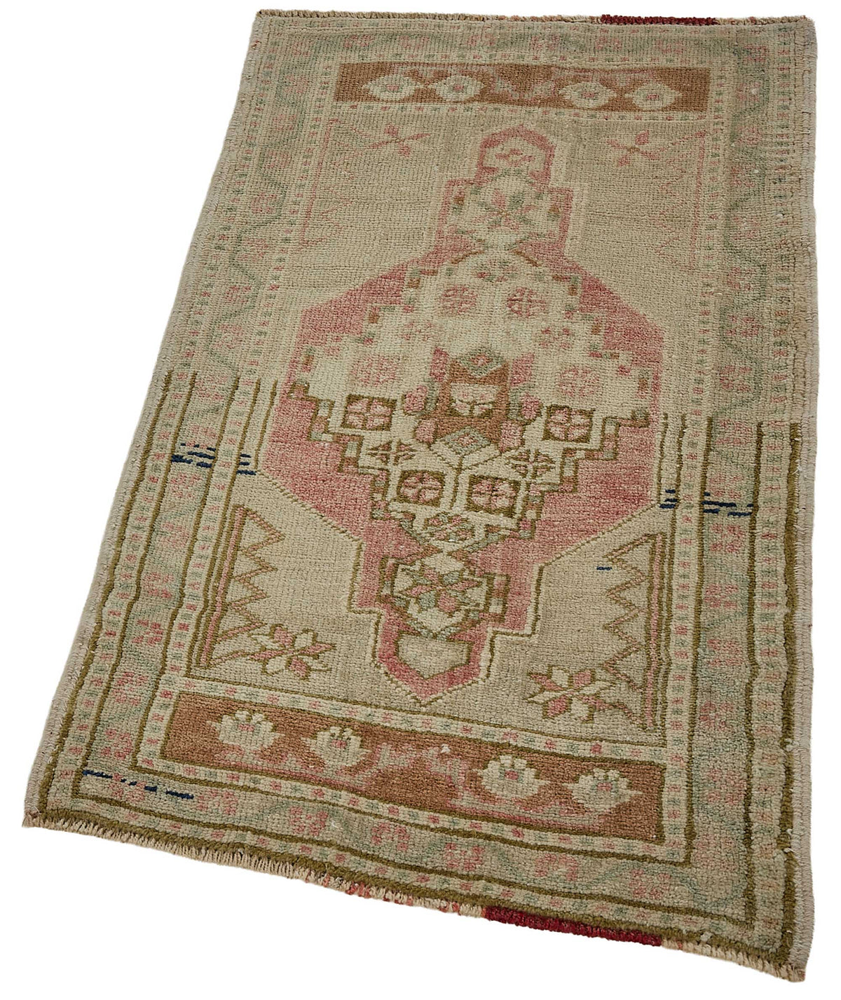 Vayla Bej Pembe Geometrik Desenli Etnik El Dokuma Halı 52x94 cm – doku yakın çekim