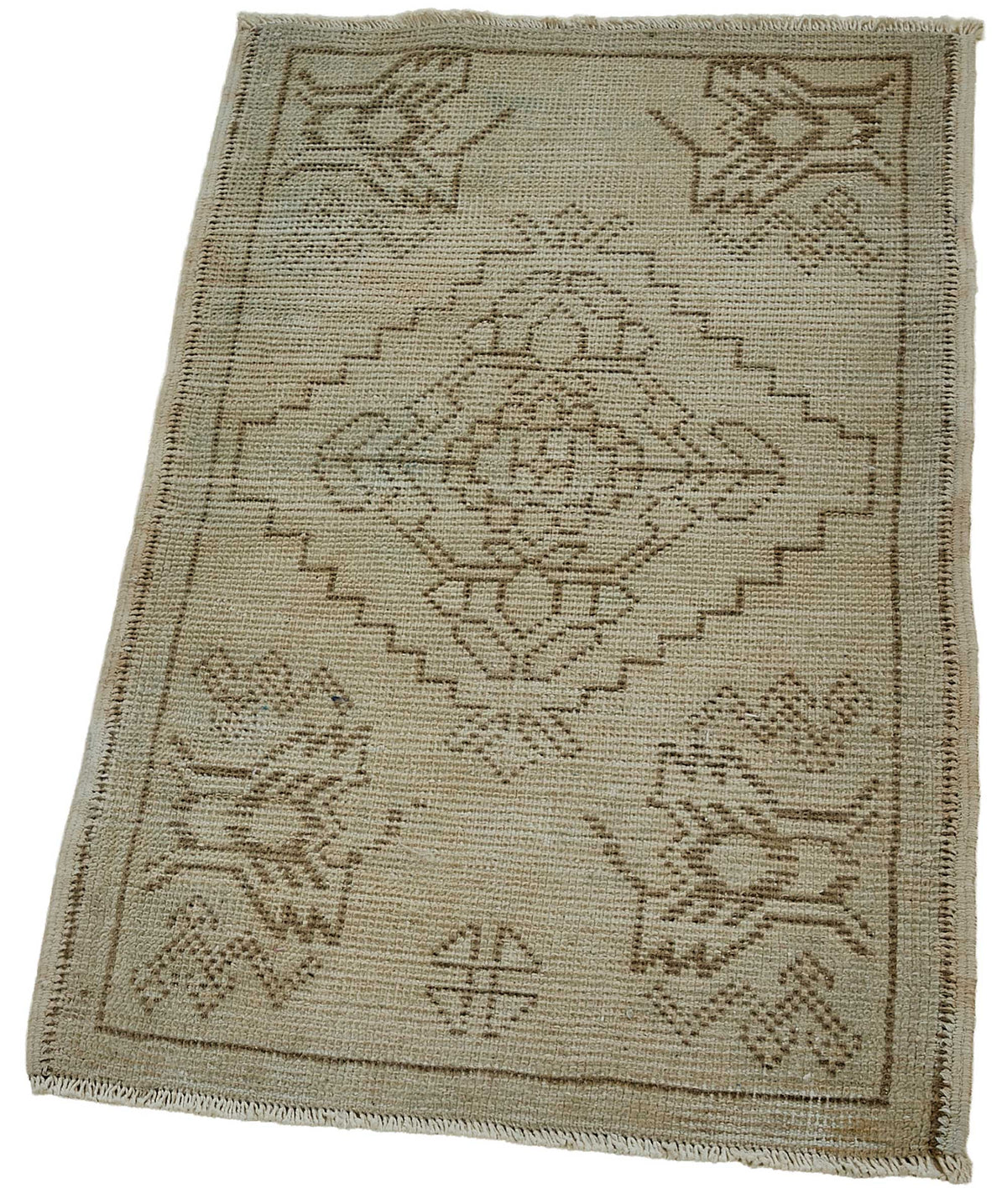 Vayla Bej Kahverengi Geometrik Etnik El Dokuma Halı 48x86 cm – doku yakın çekim