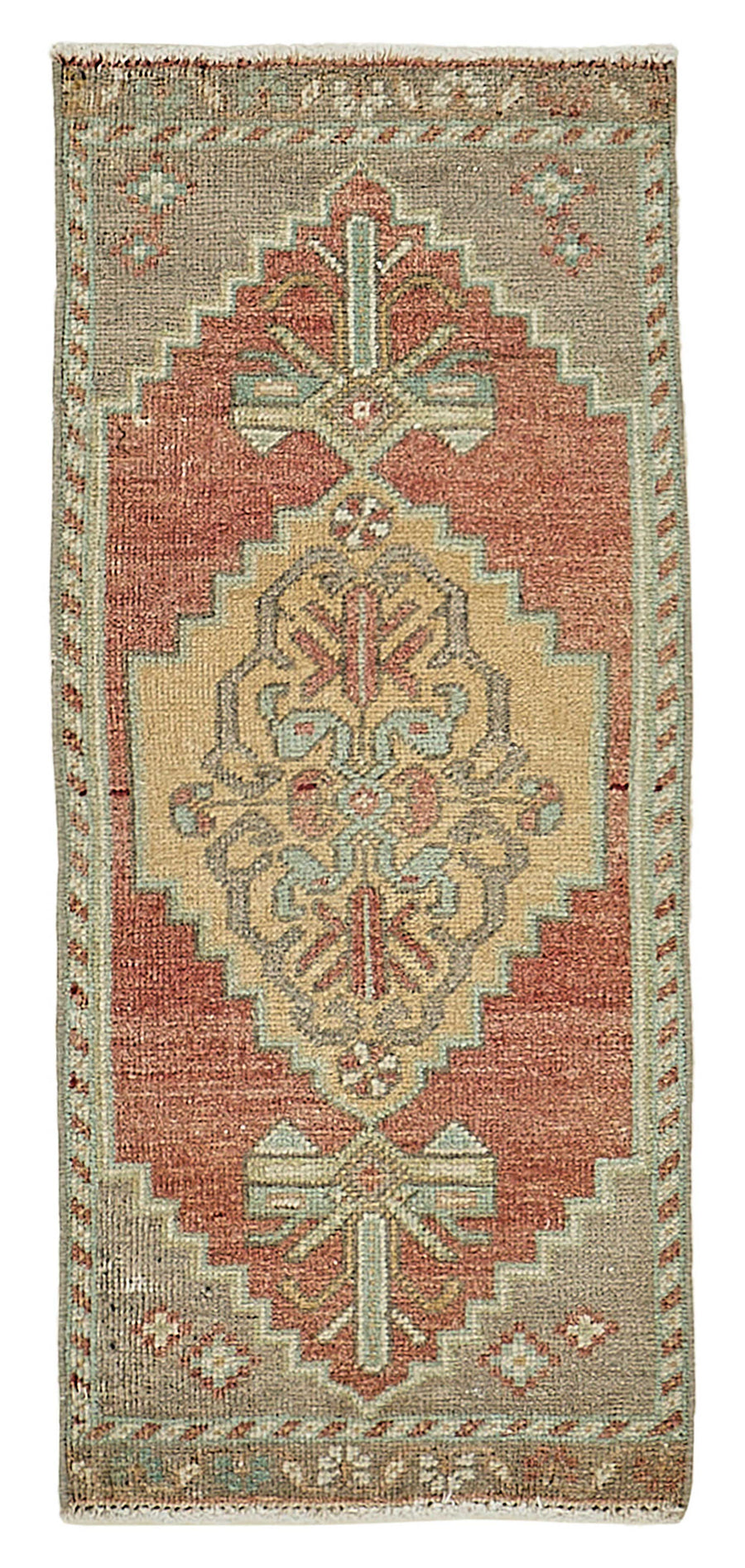 Vayla Kırmızı Madalyon Göbekli Pamuk Yün El Dokuma Halı 40-50 Yıllık 51x88 cm