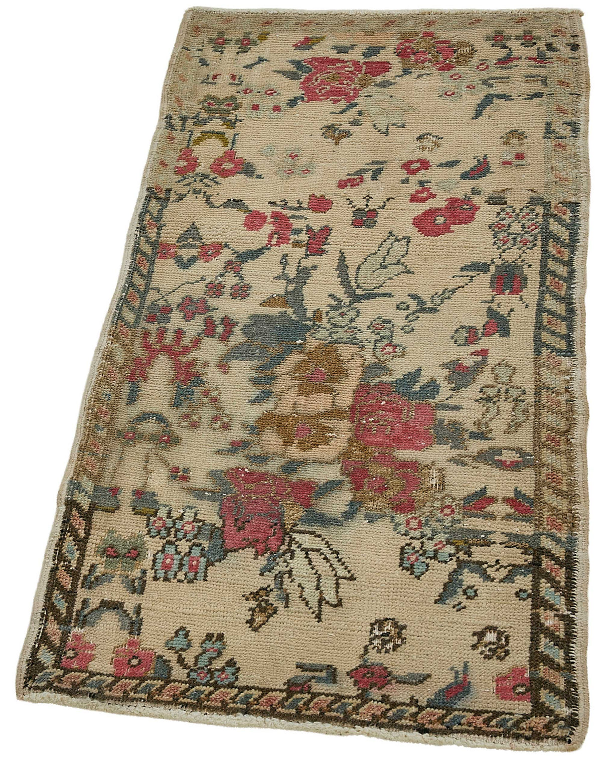 Vayla Çiçek Desenli Bej Halı Overdyed El Dokuması 49x96 cm 50739 – doku yakın çekim