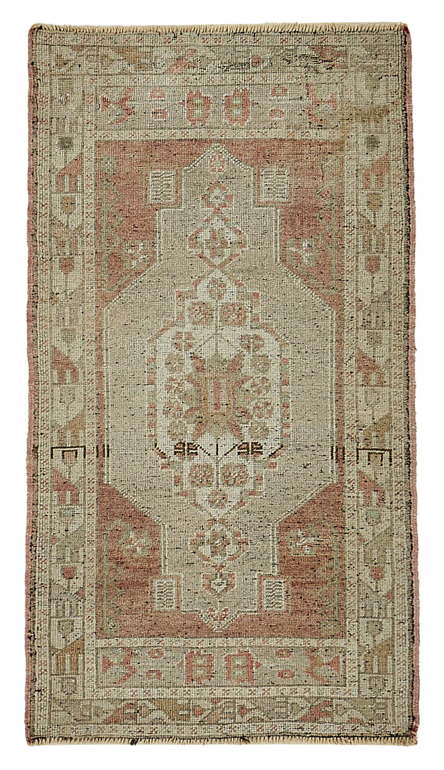 Vayla Bej Madalyon Desenli Etnik Yün Pamuk El Dokuma Halı 58x102 cm