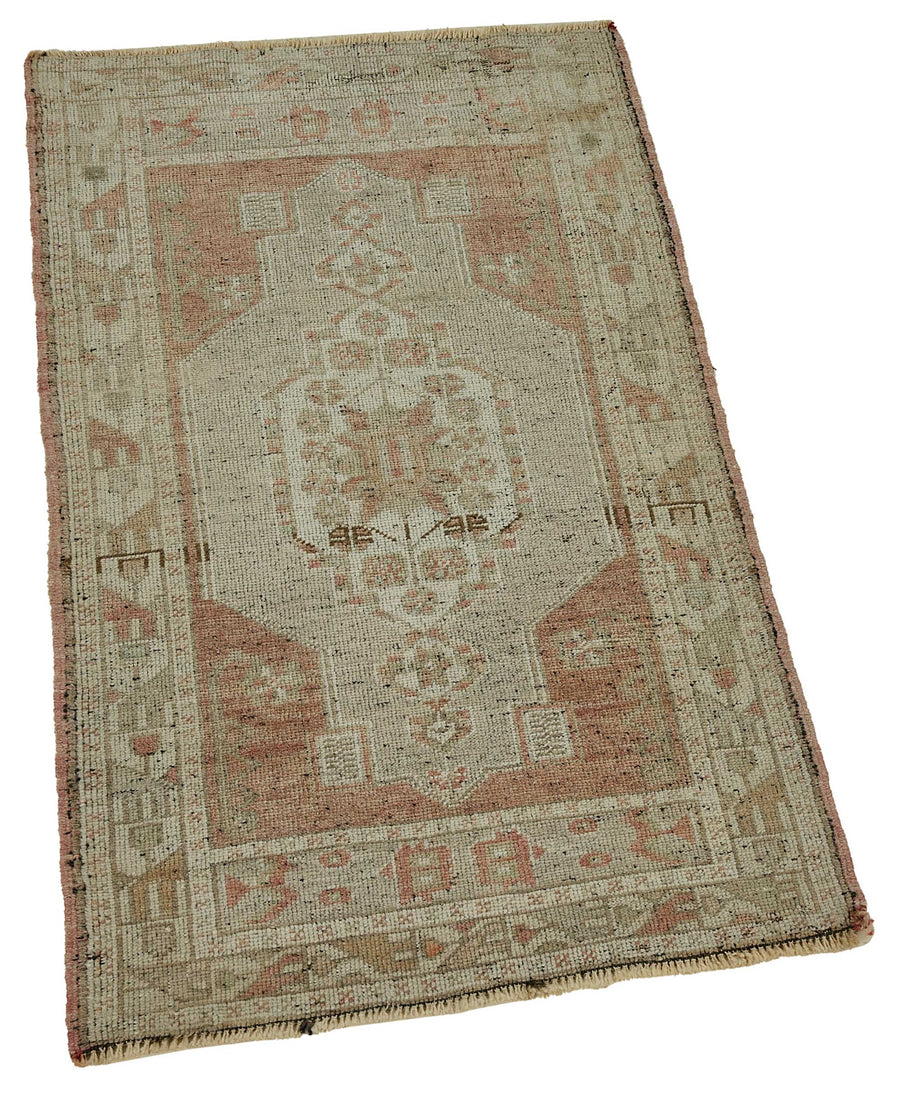 Vayla Bej Madalyon Desenli Etnik Yün Pamuk El Dokuma Halı 58x102 cm – genel görünüm