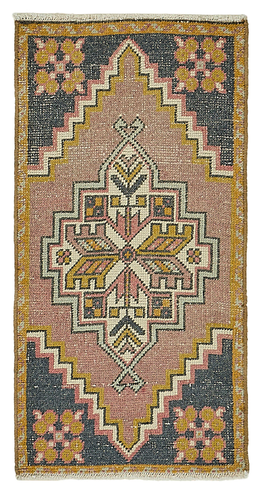 Vayla Pembe Lacivert Geometrik Desenli Etnik El Dokuma Halı 52x91 cm