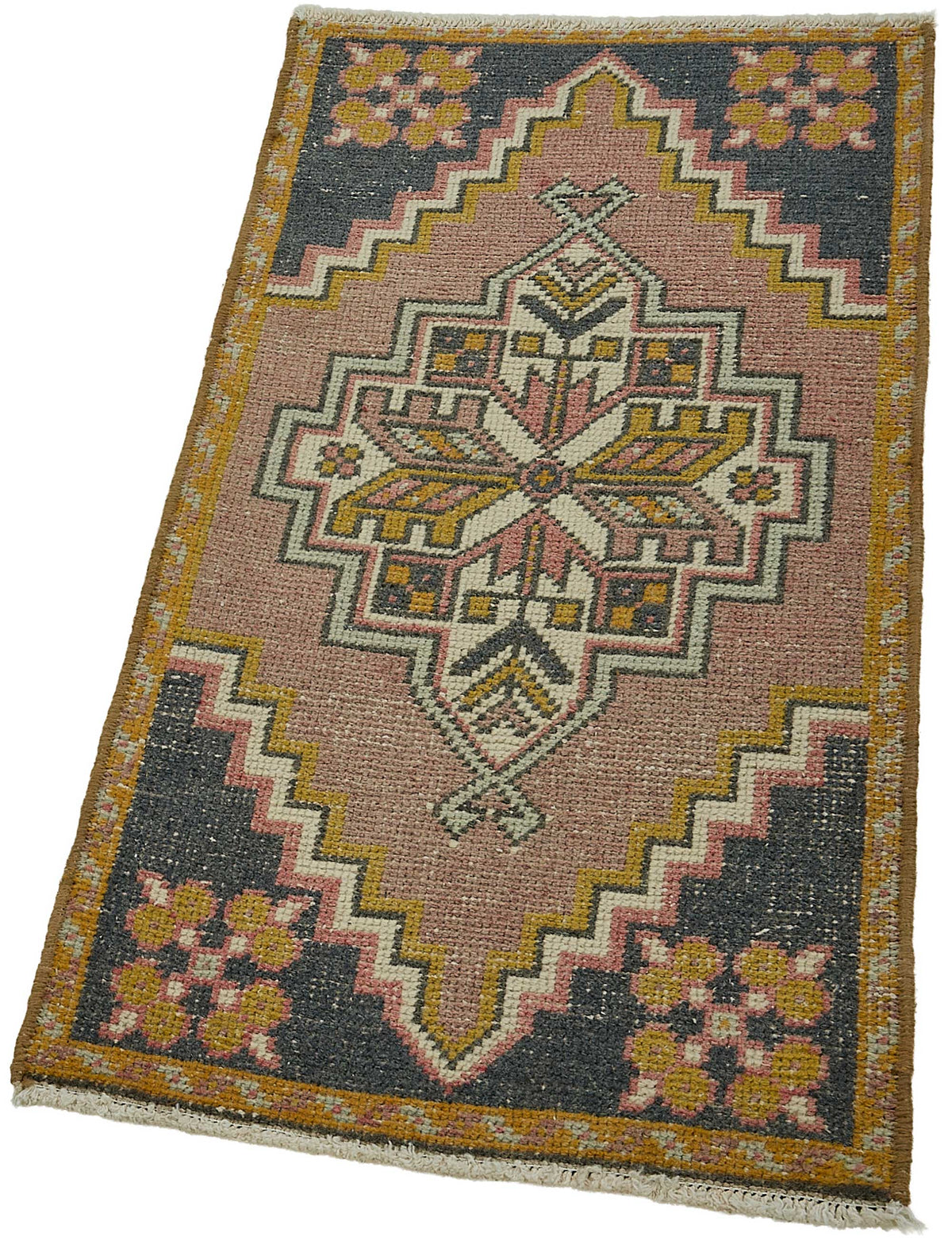Vayla Pembe Lacivert Geometrik Desenli Etnik El Dokuma Halı 52x91 cm – doku yakın çekim