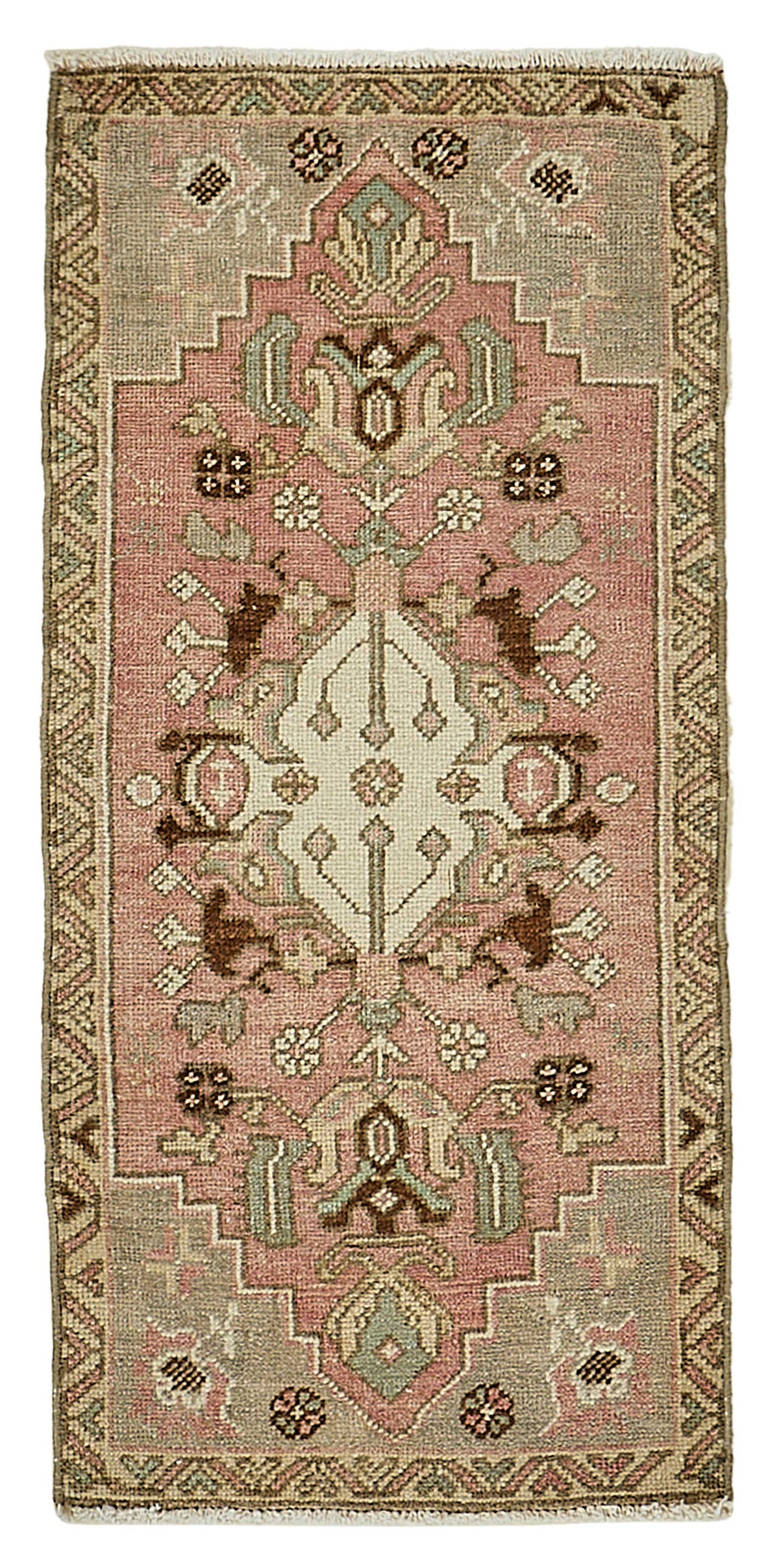 Vayla Madalyon Göbekli Pembe Gri Etnik El Dokuma Halı 49x97 cm