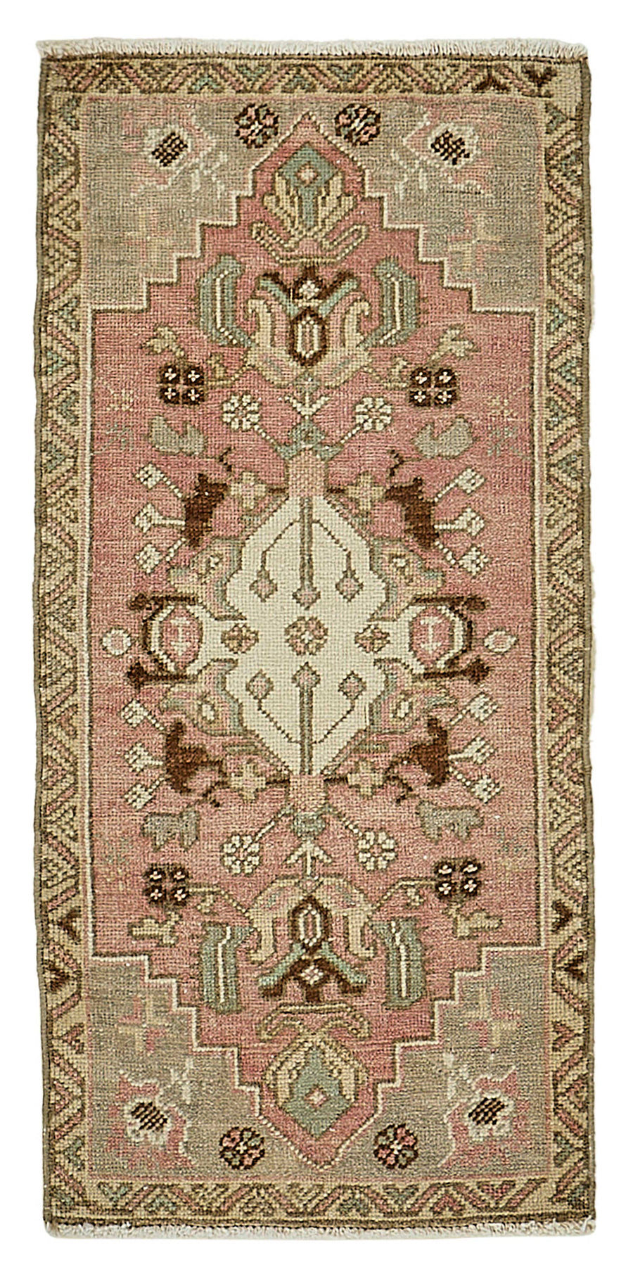 Vayla Madalyon Göbekli Pembe Gri Etnik El Dokuma Halı 49x97 cm