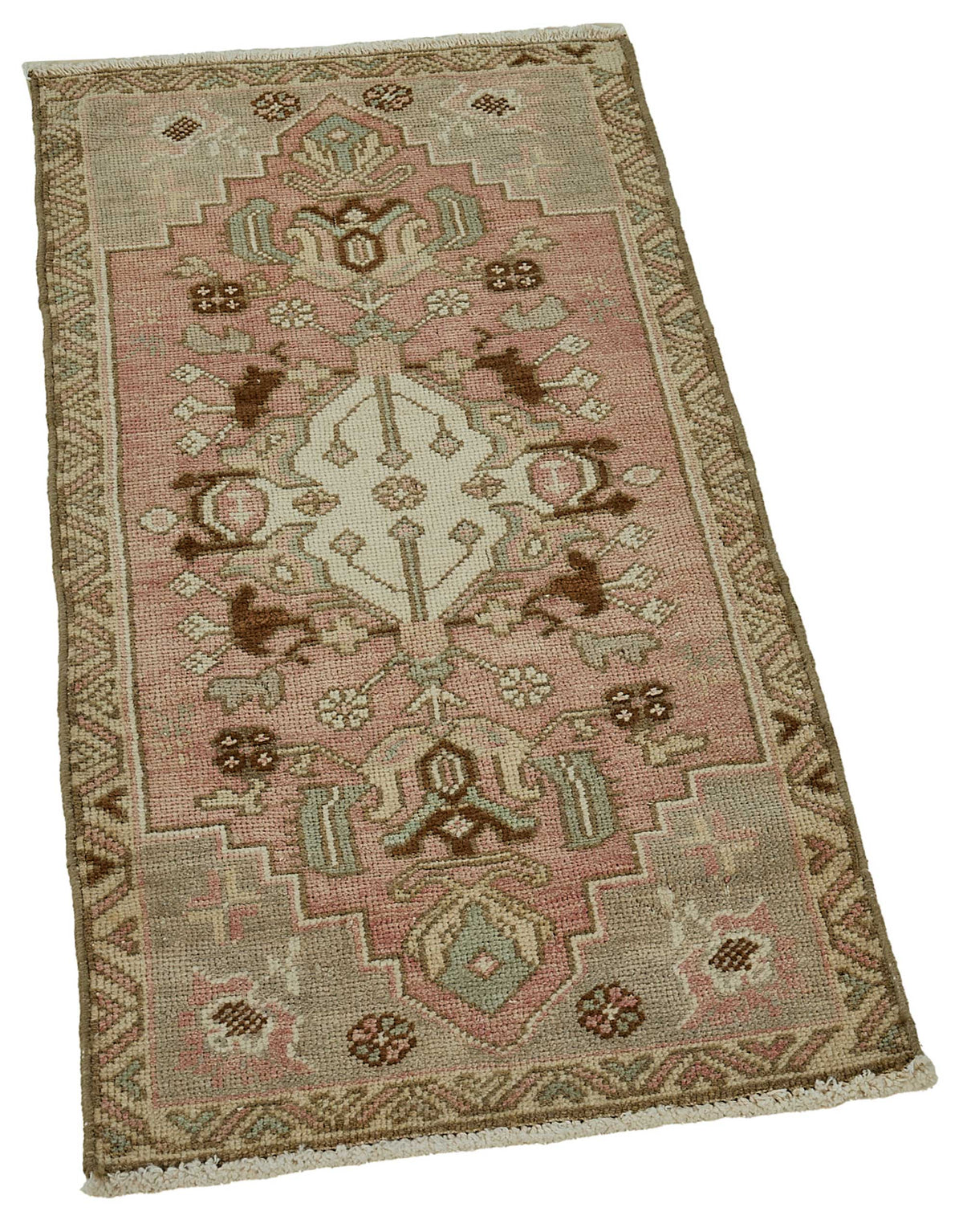 Vayla Madalyon Göbekli Pembe Gri Etnik El Dokuma Halı 49x97 cm – genel görünüm