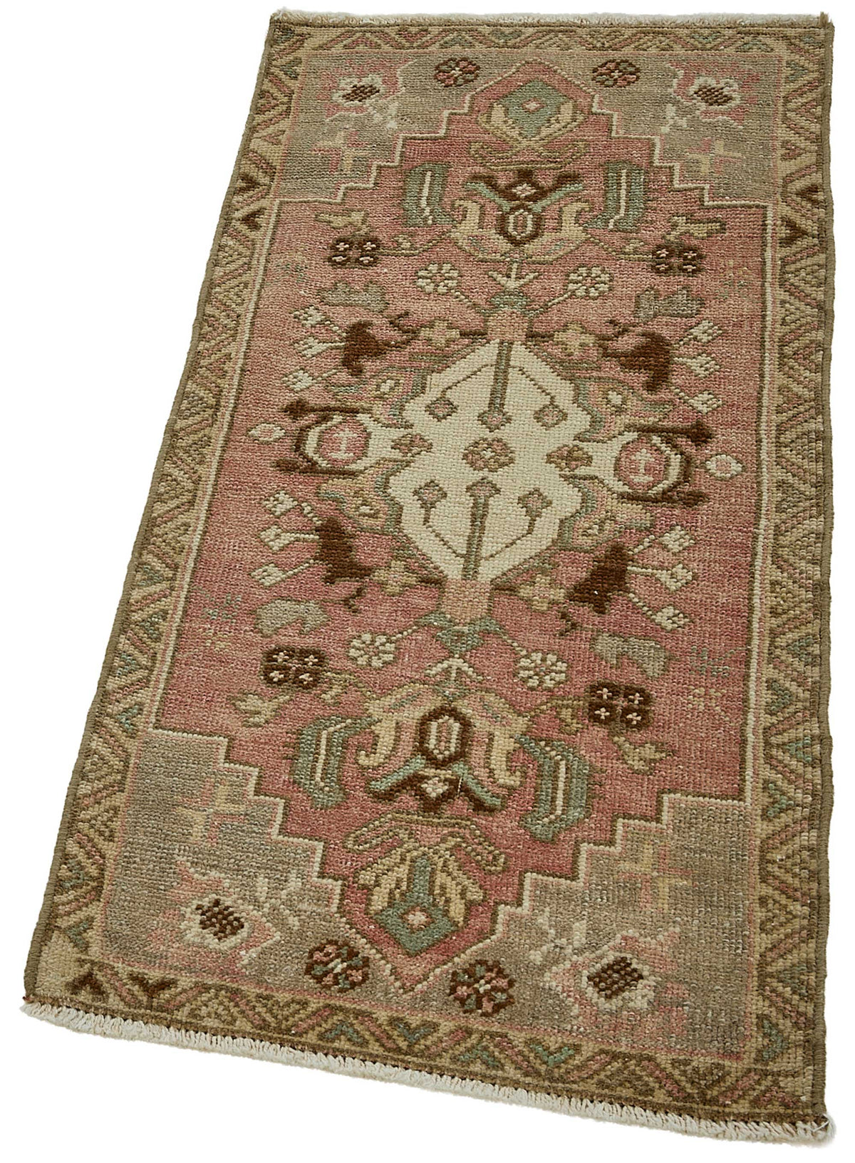 Vayla Madalyon Göbekli Pembe Gri Etnik El Dokuma Halı 49x97 cm – doku yakın çekim