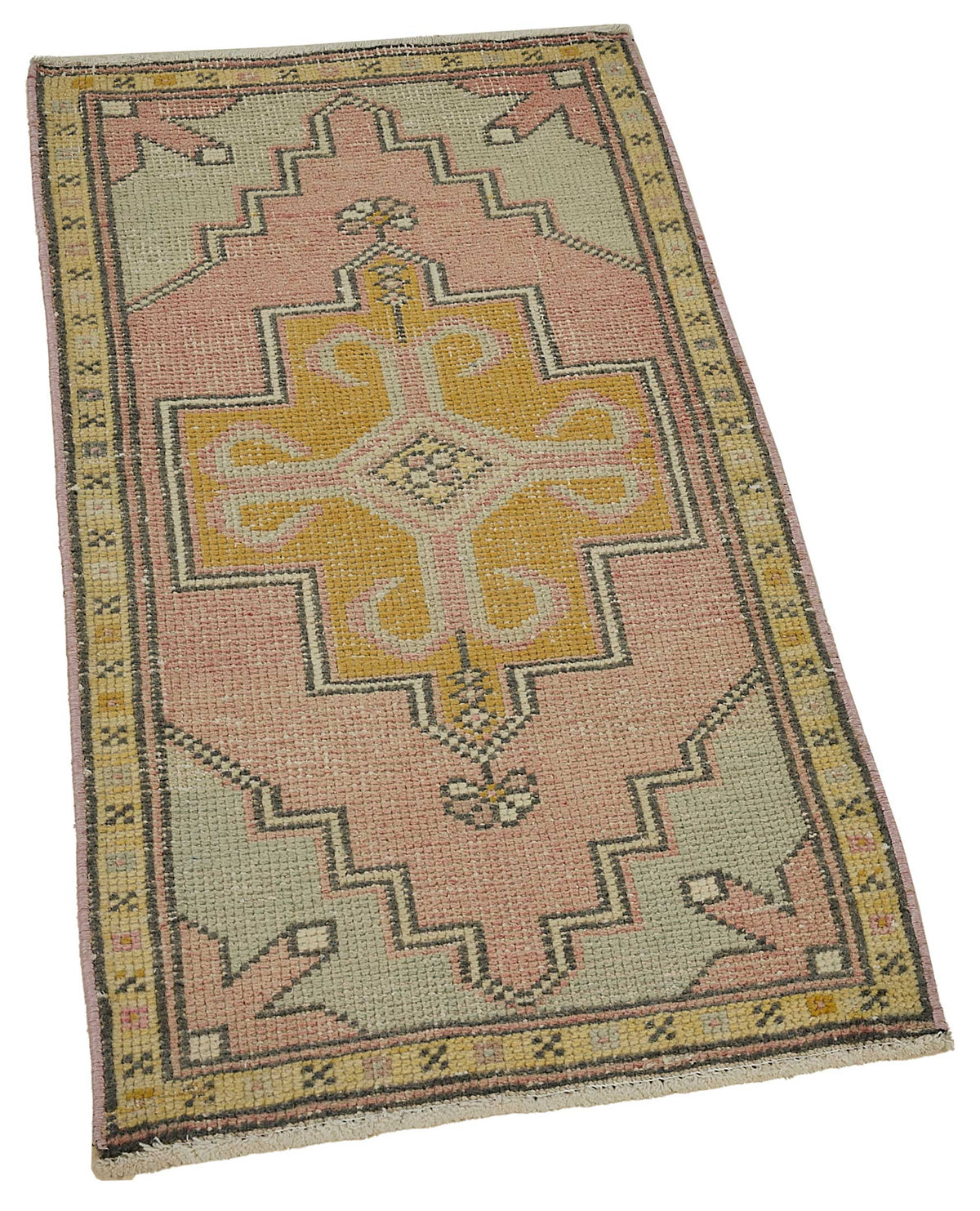 Vayla Pembe Sarı Geometrik Desenli Etnik El Dokuma Halı 52x100 cm – genel görünüm