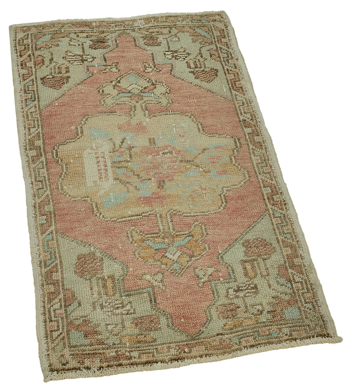 Vayla Pembe Bej Madalyon Desenli Vintage El Dokuma Halı 56x102 cm – genel görünüm
