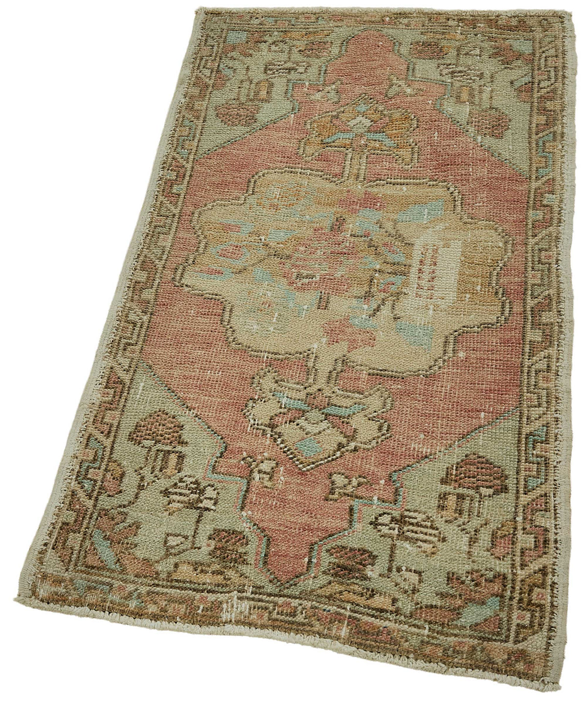 Vayla Pembe Bej Madalyon Desenli Vintage El Dokuma Halı 56x102 cm – doku yakın çekim