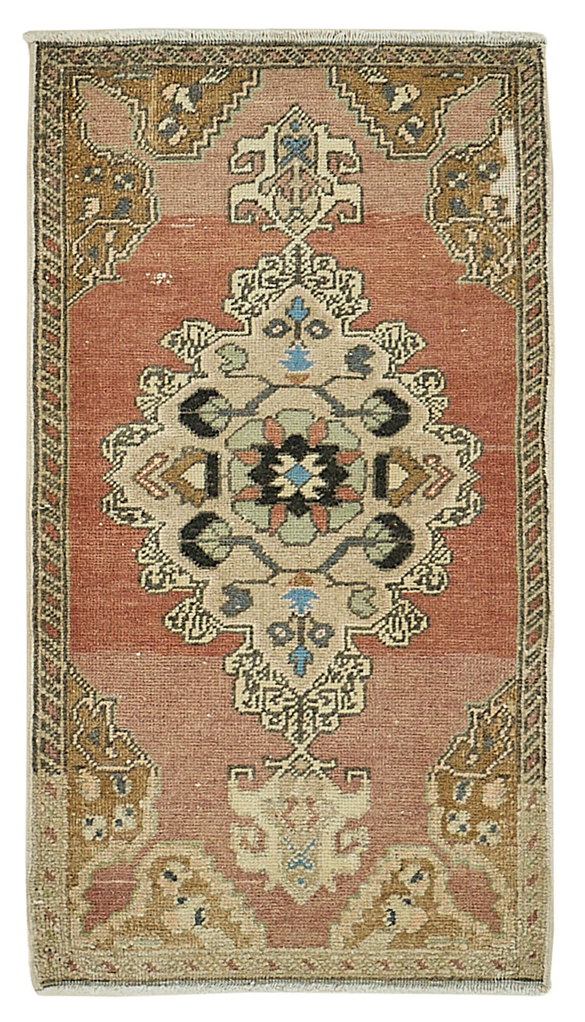 Vayla Kırmızı Bej Madalyon Desenli Yün Pamuk El Dokuma Halı 49x87 cm