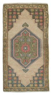 Vayla Bej Lacivert Geometrik Desenli Etnik El Dokuma Halı 54x98 cm