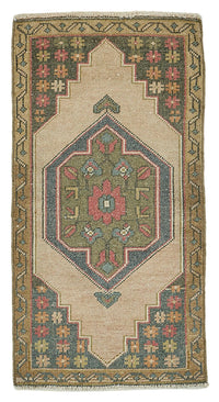 Vayla Bej Lacivert Geometrik Desenli Etnik El Dokuma Halı 54x98 cm