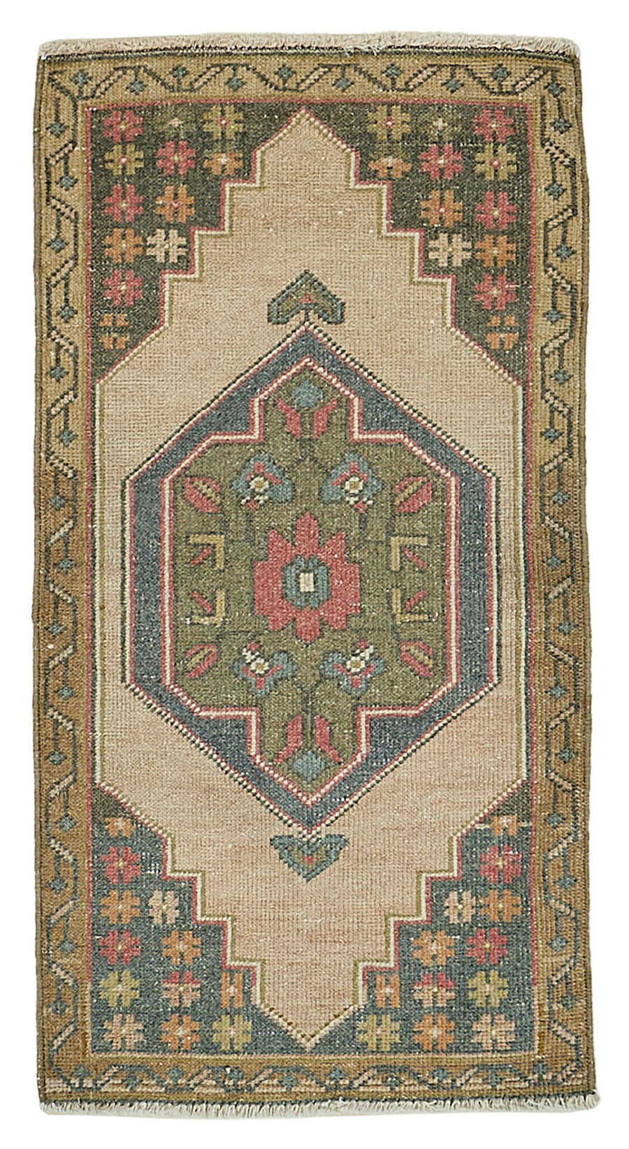 Vayla Bej Lacivert Geometrik Desenli Etnik El Dokuma Halı 54x98 cm