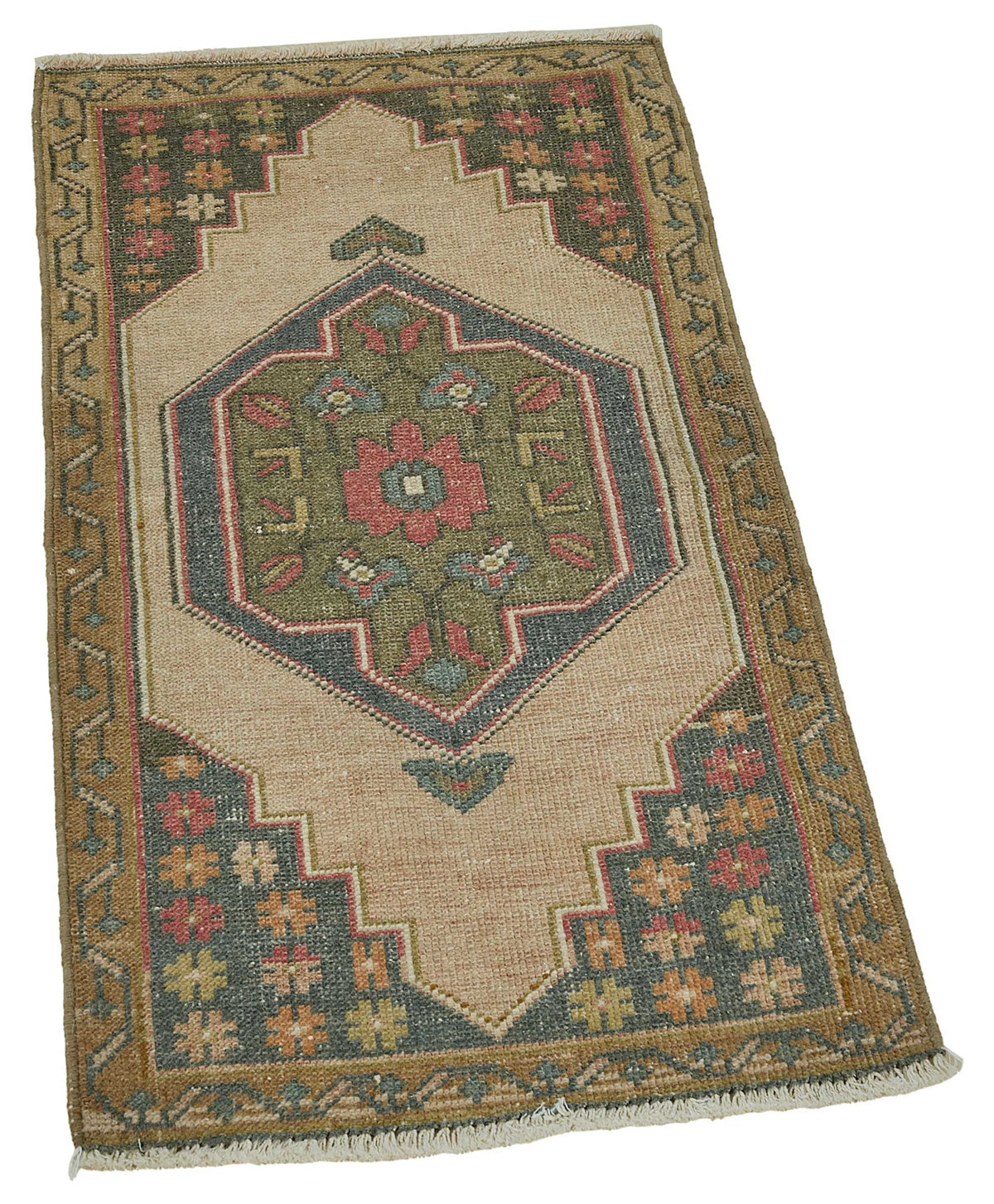 Vayla Bej Lacivert Geometrik Desenli Etnik El Dokuma Halı 54x98 cm – genel görünüm