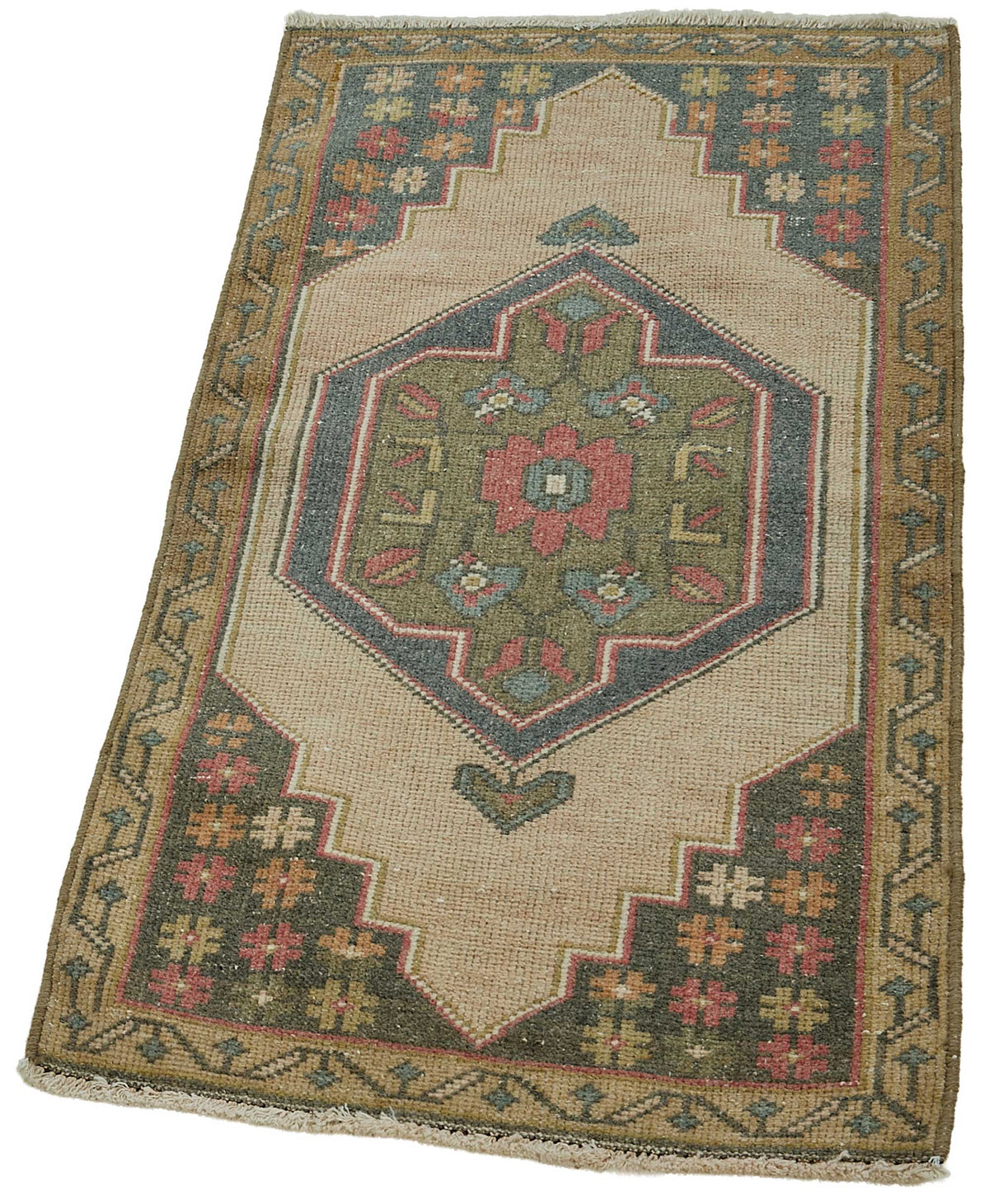 Vayla Bej Lacivert Geometrik Desenli Etnik El Dokuma Halı 54x98 cm – doku yakın çekim