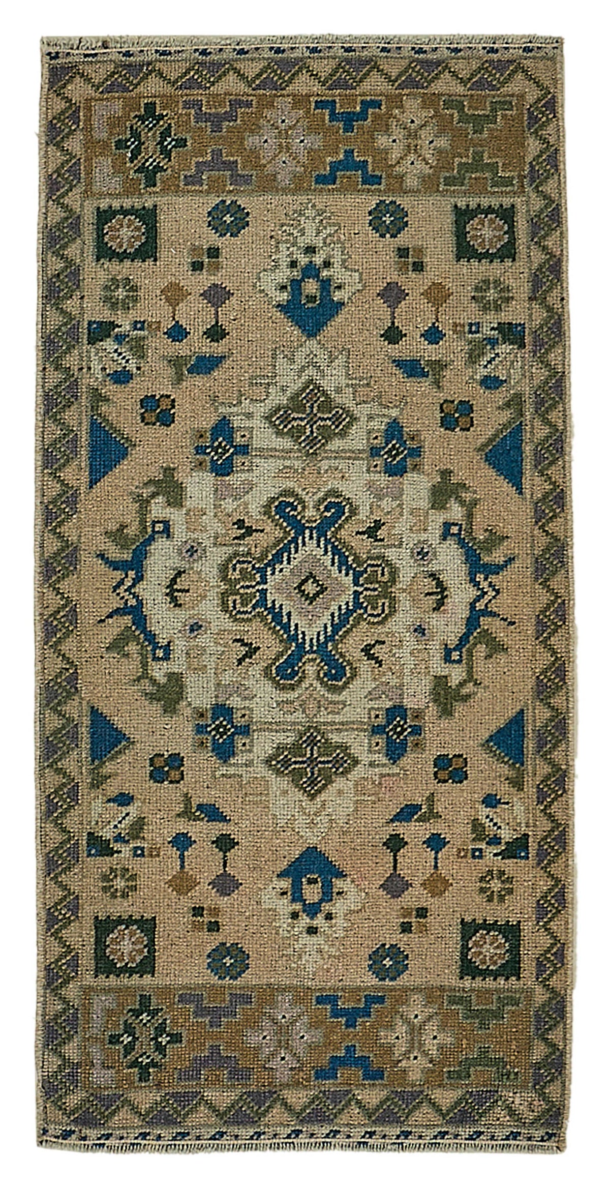 Vayla Bej Mavi Geometrik Desenli El Dokuma Halı 50x100 cm