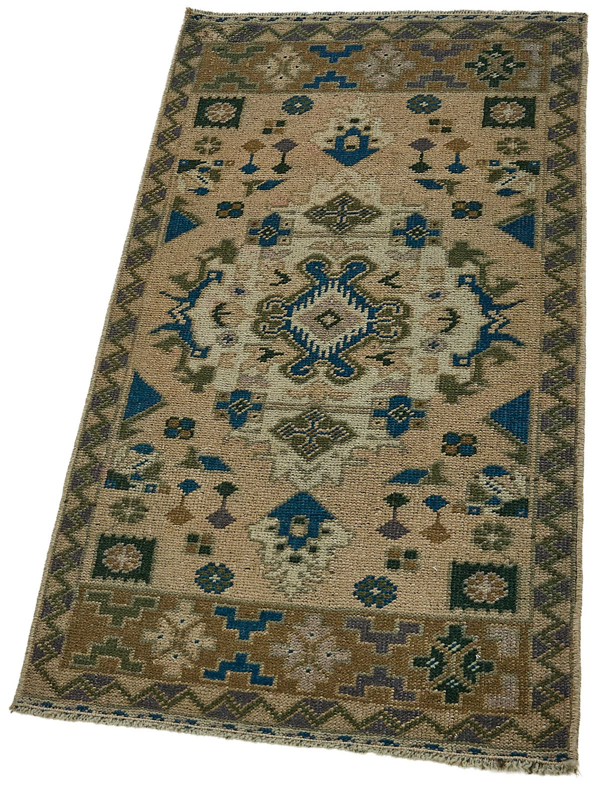 Vayla Bej Mavi Geometrik Desenli El Dokuma Halı 50x100 cm – doku yakın çekim