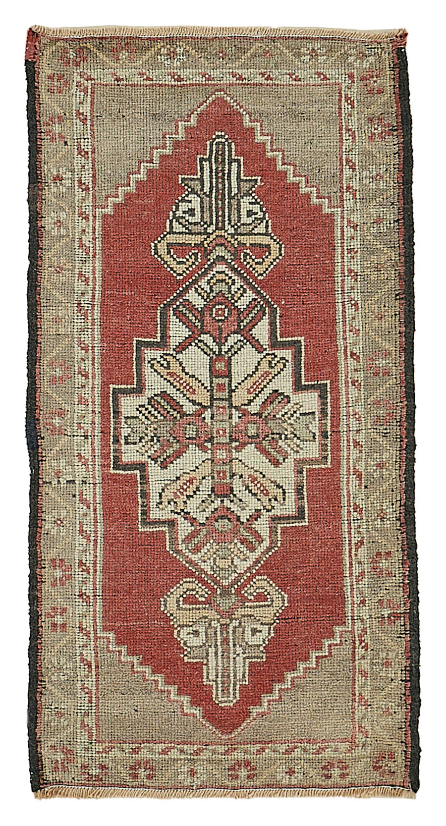 Vayla Madalyon Desenli Kırmızı ve Bej Renkli Overdyed El Dokuma Halı 52x99 cm