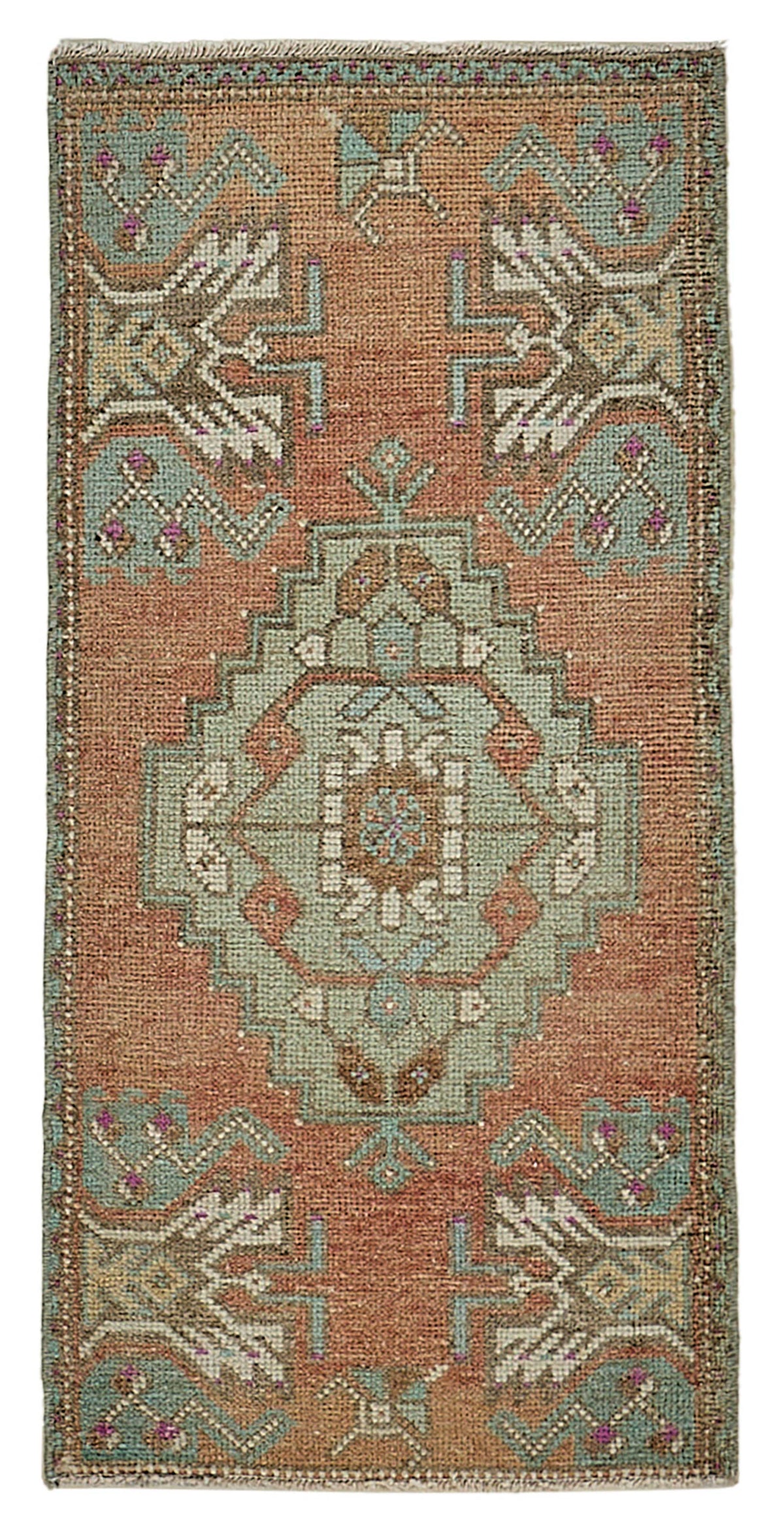 Vayla Geometrik Desenli Kırmızı Turkuaz Etnik El Dokuma Halı 42x91 cm