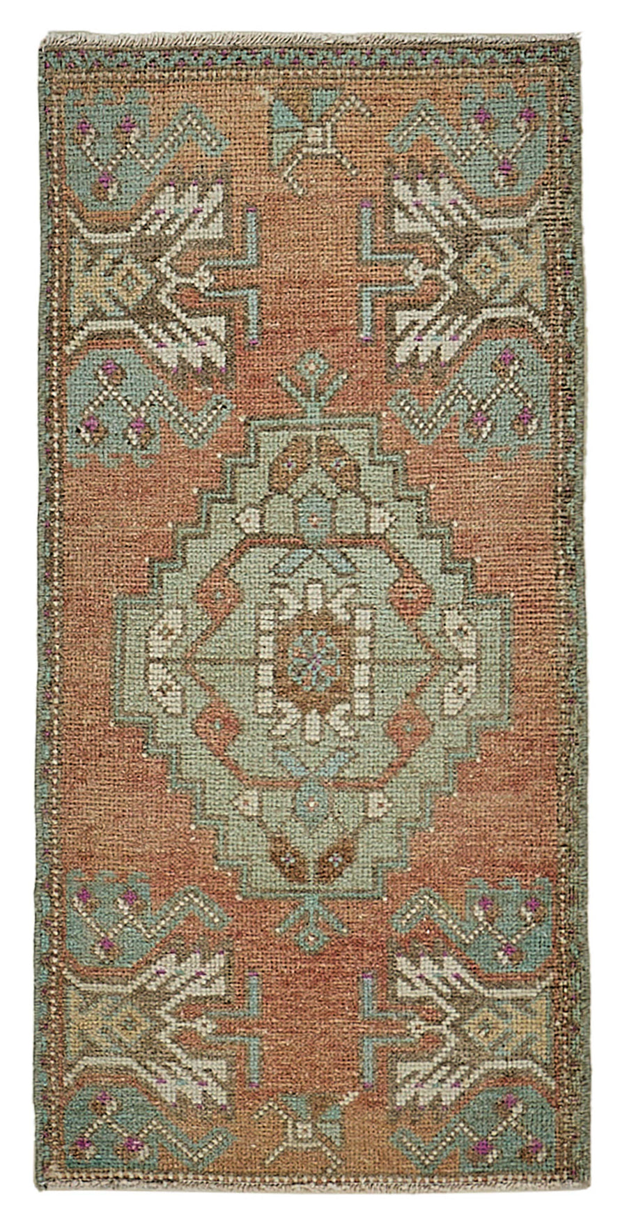 Vayla Geometrik Desenli Kırmızı Turkuaz Etnik El Dokuma Halı 42x91 cm