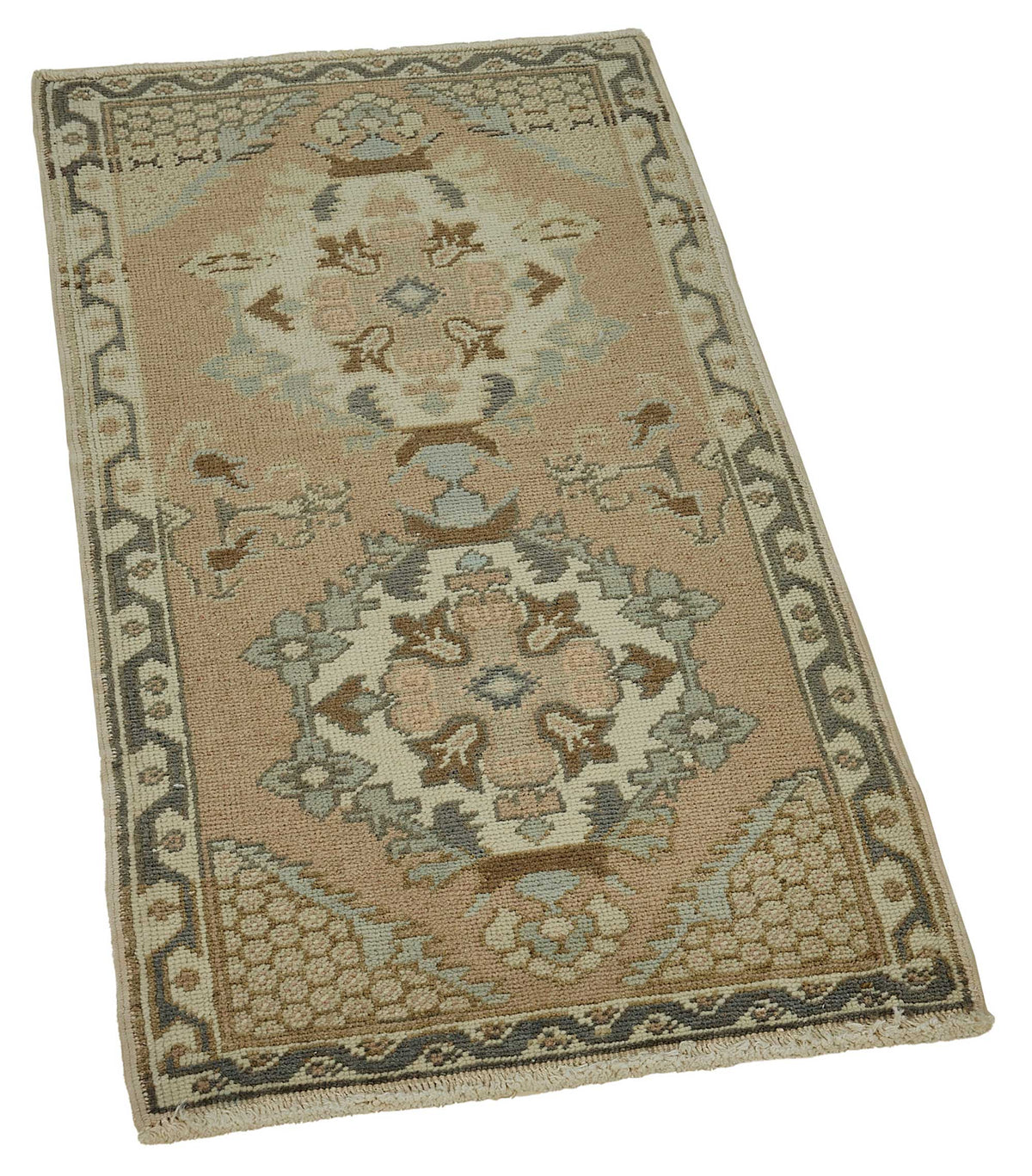 Vayla Bej Kahverengi Madalyon Desenli El Dokuma Halı 48x92 cm – genel görünüm