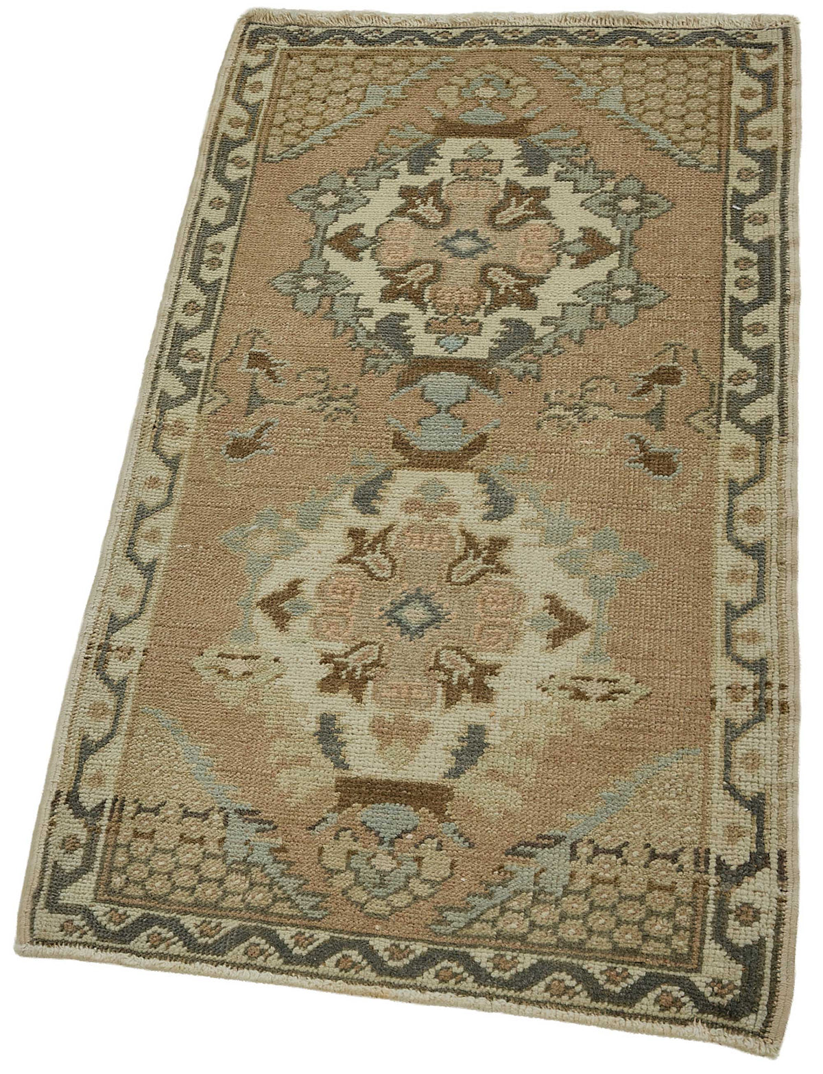 Vayla Bej Kahverengi Madalyon Desenli El Dokuma Halı 48x92 cm – doku yakın çekim