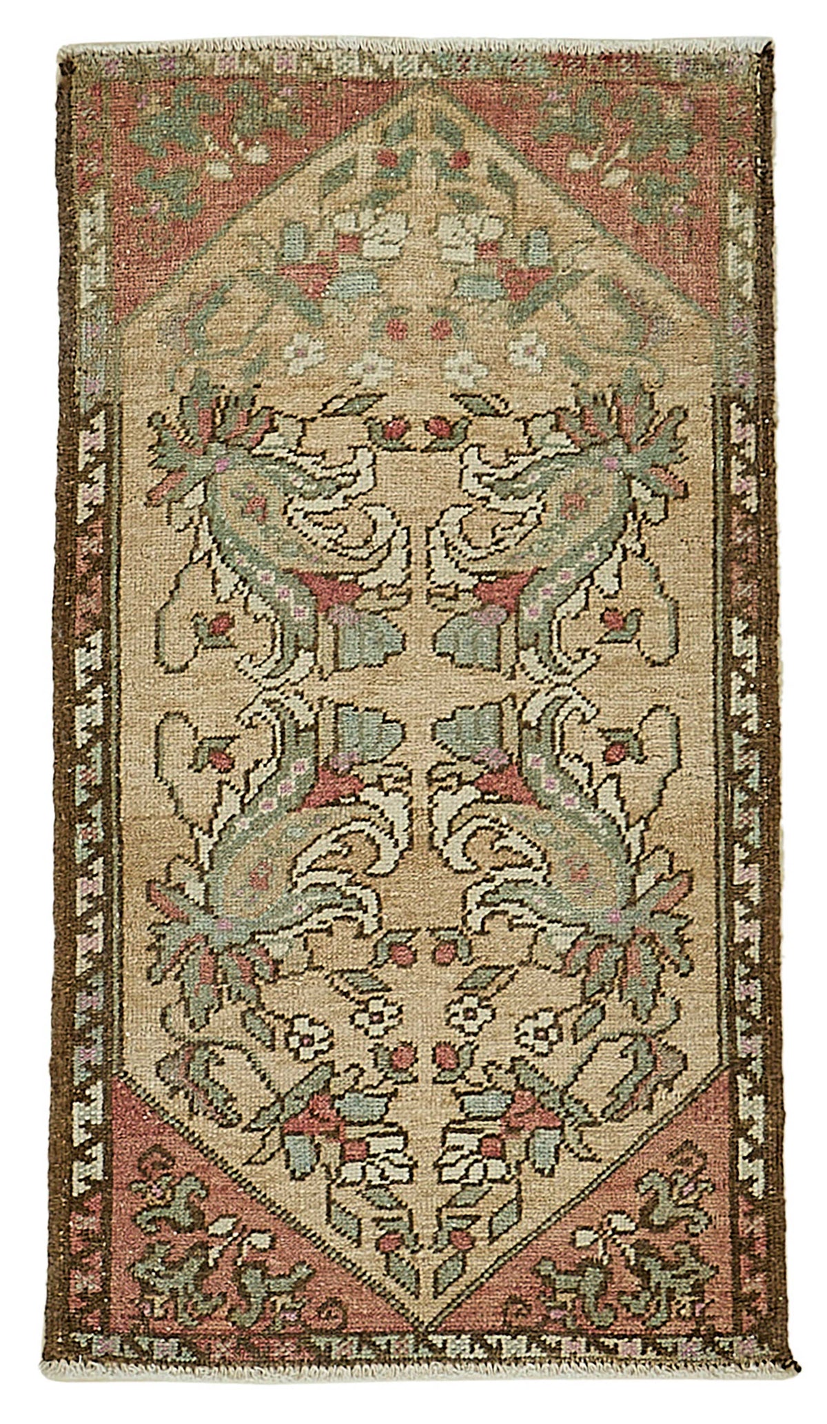 Vayla Bej Kırmızı Çiçek Desenli Vintage El Dokuma Halı 52x91 cm