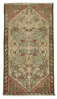 Vayla Bej Kırmızı Çiçek Desenli Vintage El Dokuma Halı 52x91 cm