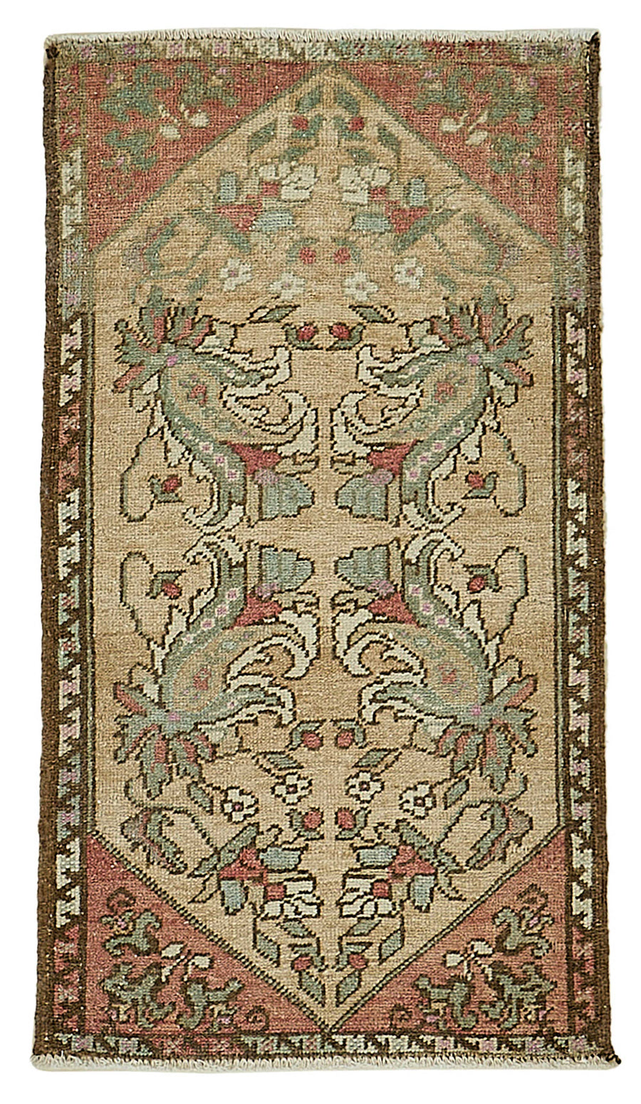 Vayla Bej Kırmızı Çiçek Desenli Vintage El Dokuma Halı 52x91 cm