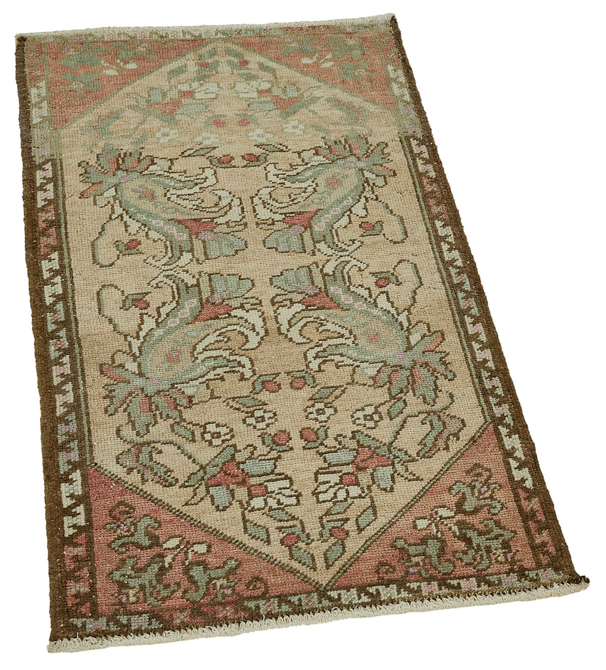 Vayla Bej Kırmızı Çiçek Desenli Vintage El Dokuma Halı 52x91 cm – genel görünüm