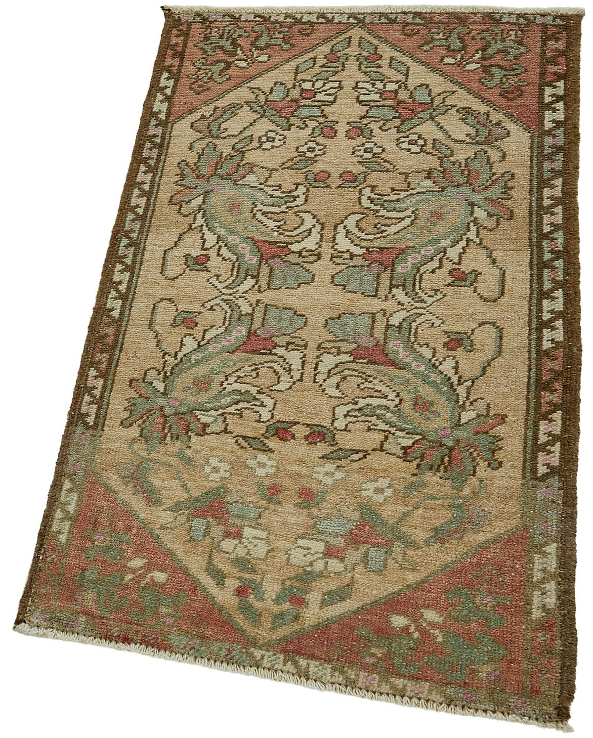 Vayla Bej Kırmızı Çiçek Desenli Vintage El Dokuma Halı 52x91 cm – doku yakın çekim