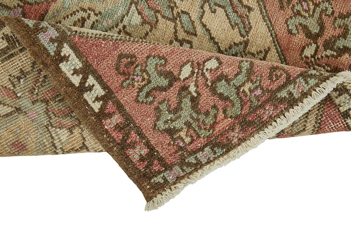 Vayla Bej Kırmızı Çiçek Desenli Vintage El Dokuma Halı 52x91 cm – kenar detayı
