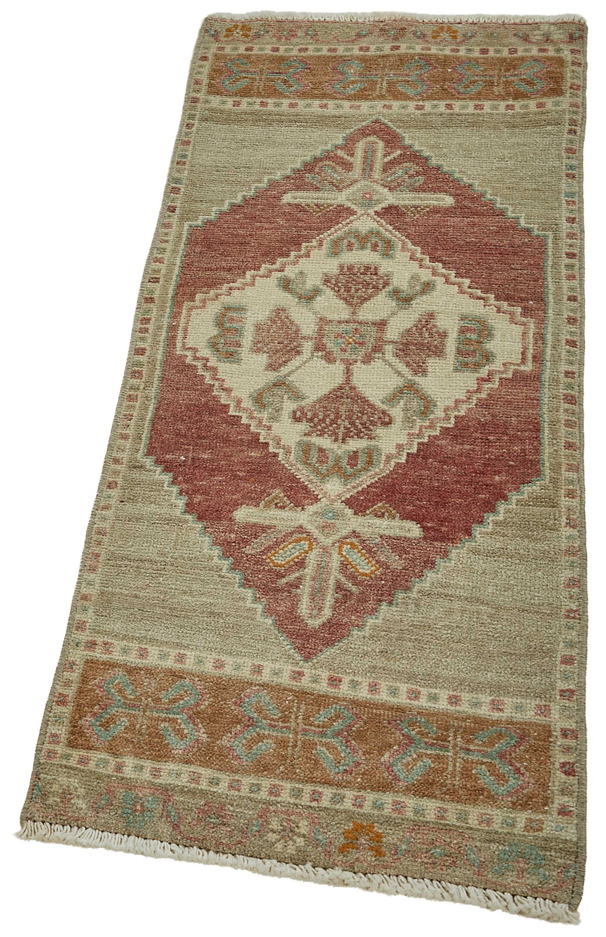 Vayla Bej Bordo Geometrik Desenli Etnik El Dokuma Halı 41x103 cm – doku yakın çekim