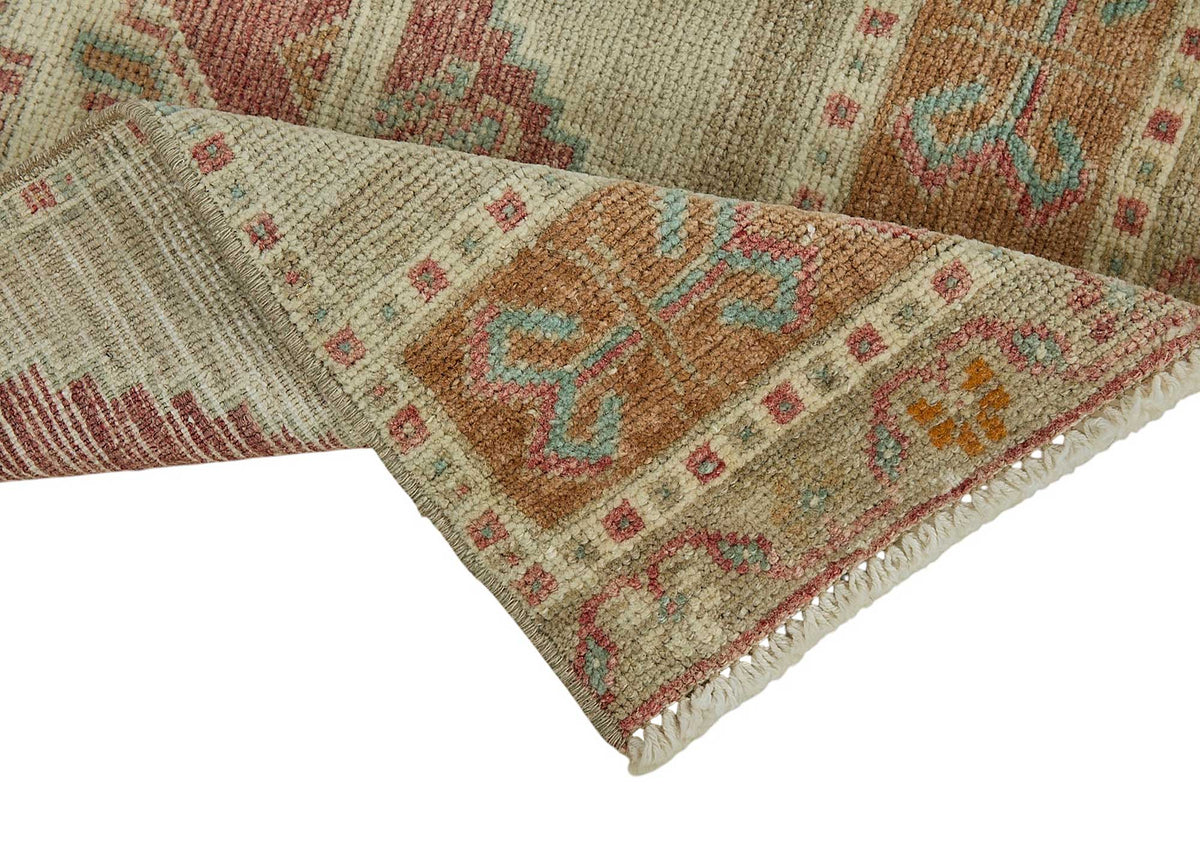 Vayla Bej Bordo Geometrik Desenli Etnik El Dokuma Halı 41x103 cm – kenar detayı