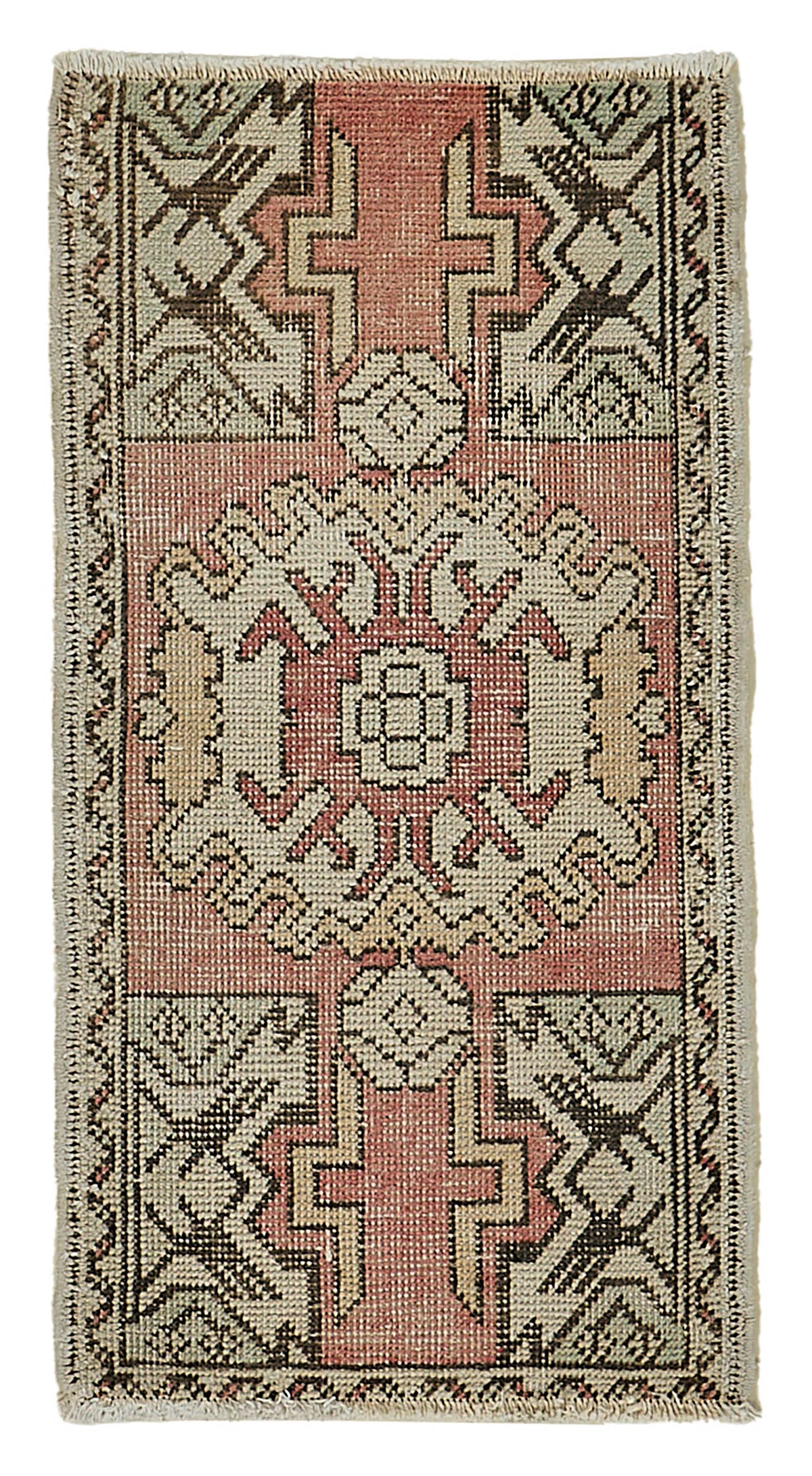 Vayla Düz Pembe Halı Geometrik Desenli Vintage El Dokuma 46x91 cm