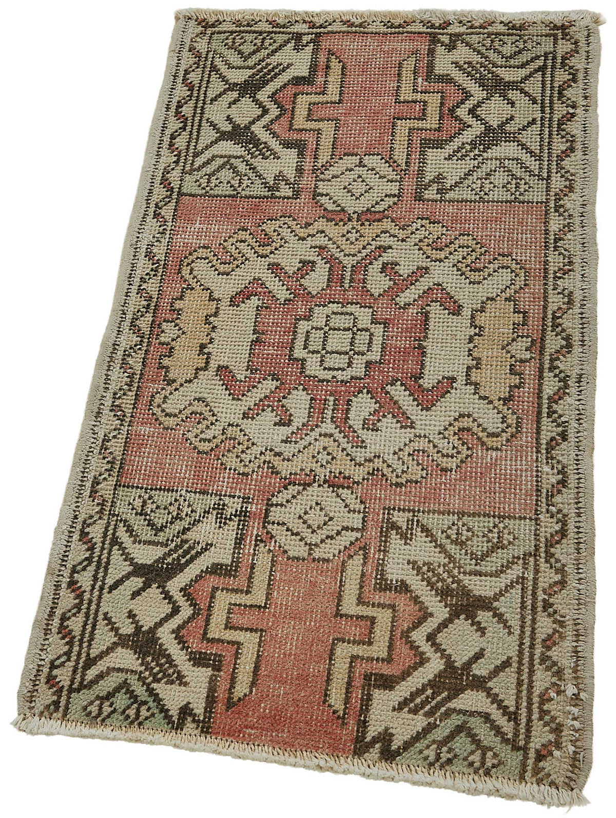 Vayla Düz Pembe Halı Geometrik Desenli Vintage El Dokuma 46x91 cm – doku yakın çekim