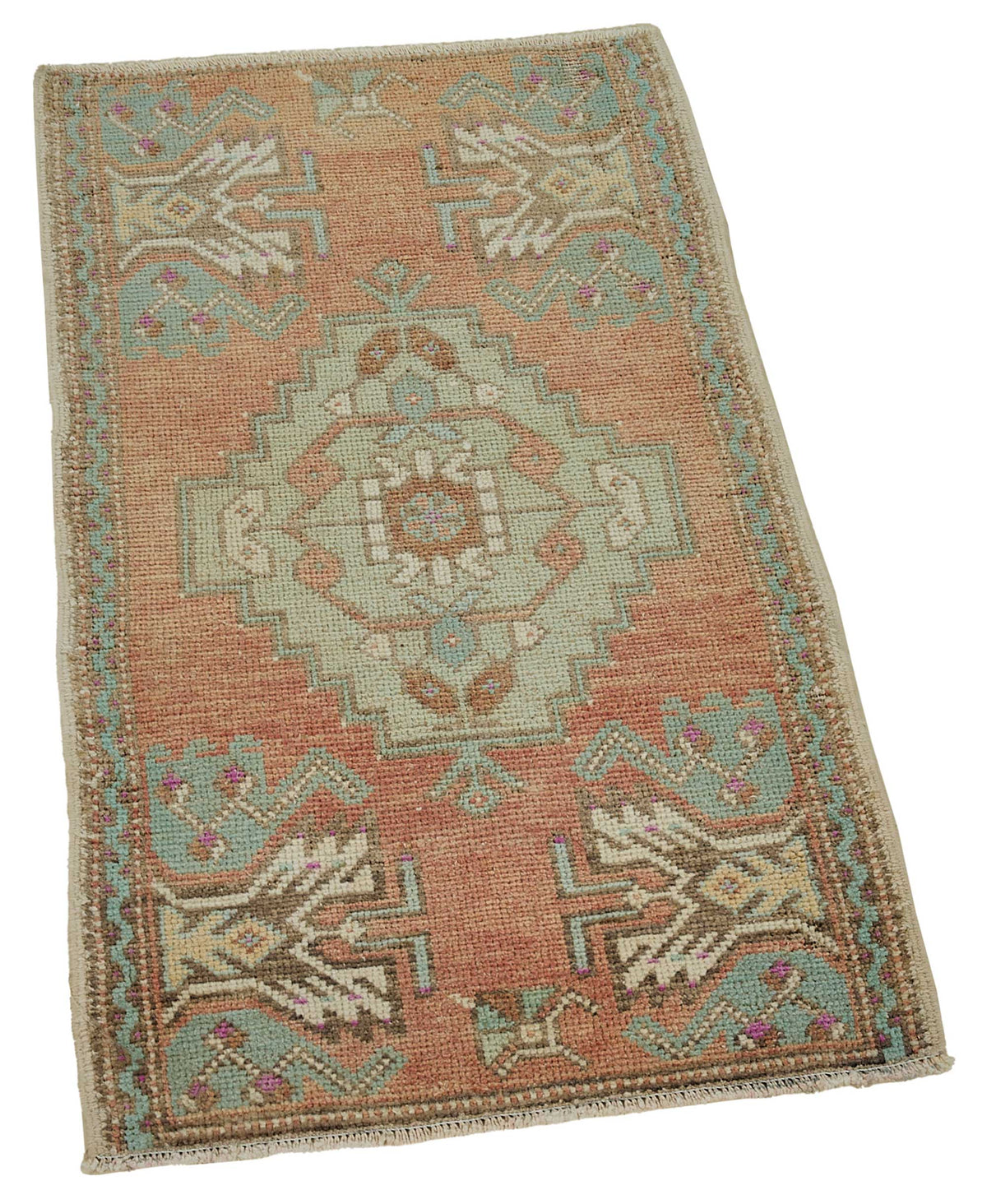 Vayla Turuncu Yeşil Geometrik Etnik El Dokuma Halı 50x87 cm – genel görünüm