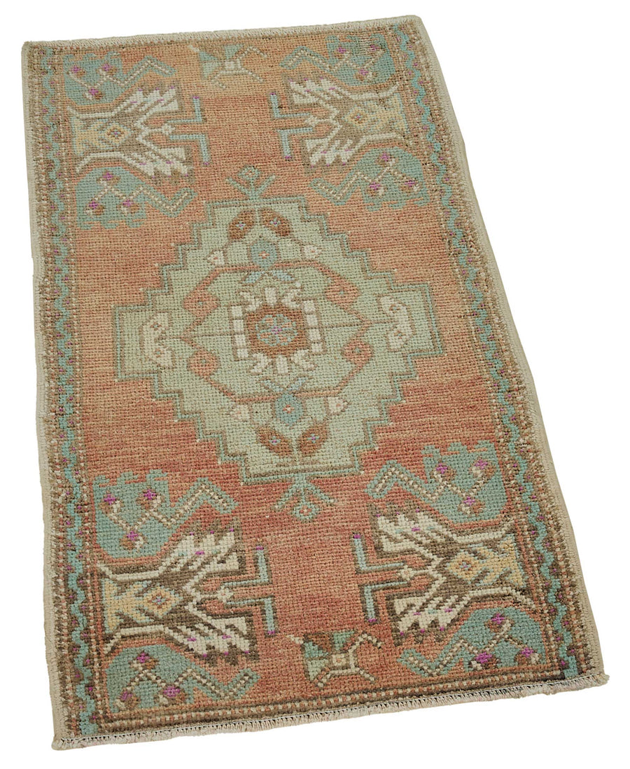 Vayla Turuncu Yeşil Geometrik Etnik El Dokuma Halı 50x87 cm – genel görünüm
