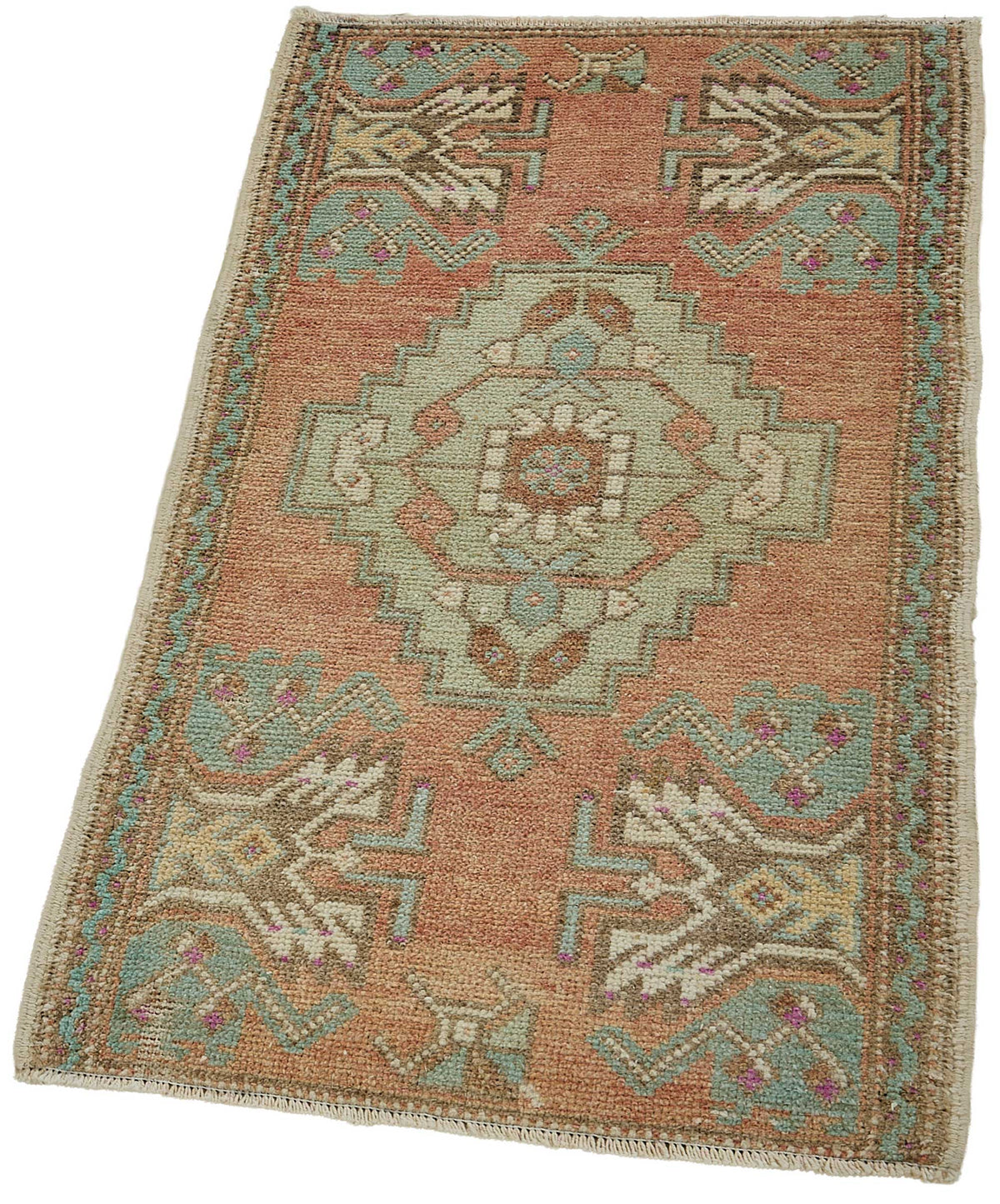 Vayla Turuncu Yeşil Geometrik Etnik El Dokuma Halı 50x87 cm – doku yakın çekim