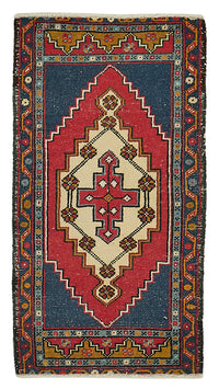 Vayla Lacivert ve Kırmızı Geometrik Desenli Dokuma Halı 50x96 cm