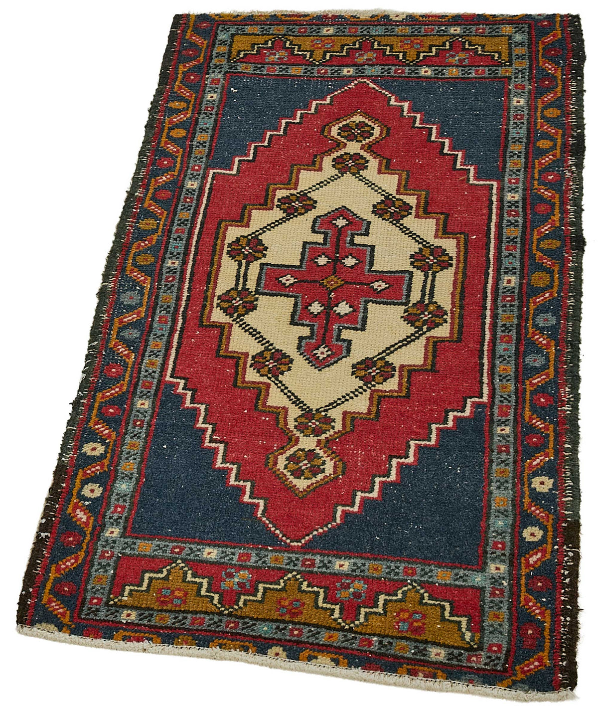 Vayla Lacivert ve Kırmızı Geometrik Desenli Dokuma Halı 50x96 cm – doku yakın çekim