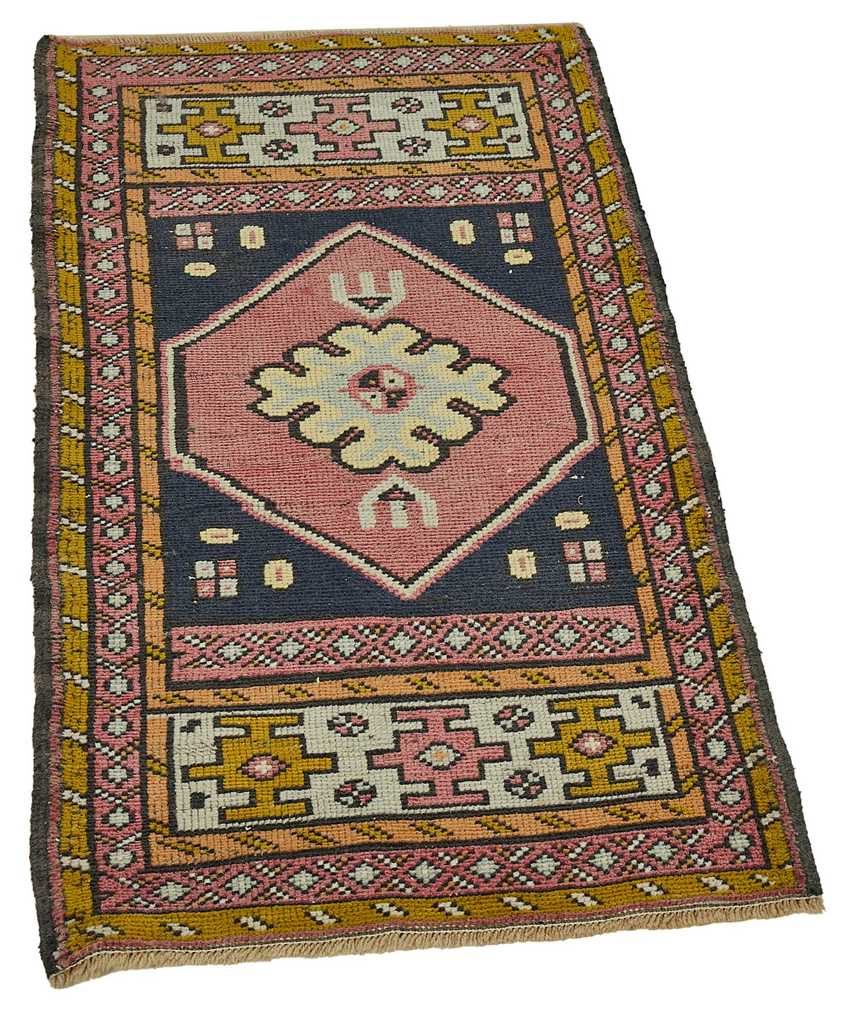 Vayla Lacivert Pembe Madalyon Desenli El Dokuma Halı 54x100 cm – genel görünüm