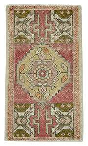 Vayla Pembe Yeşil Geometrik Etnik El Dokuma Halı 52x93 cm