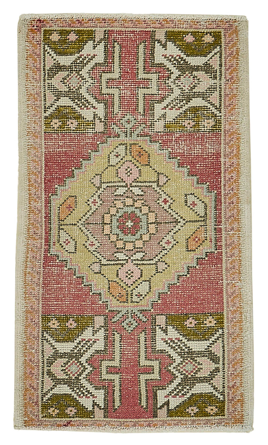 Vayla Pembe Yeşil Geometrik Etnik El Dokuma Halı 52x93 cm